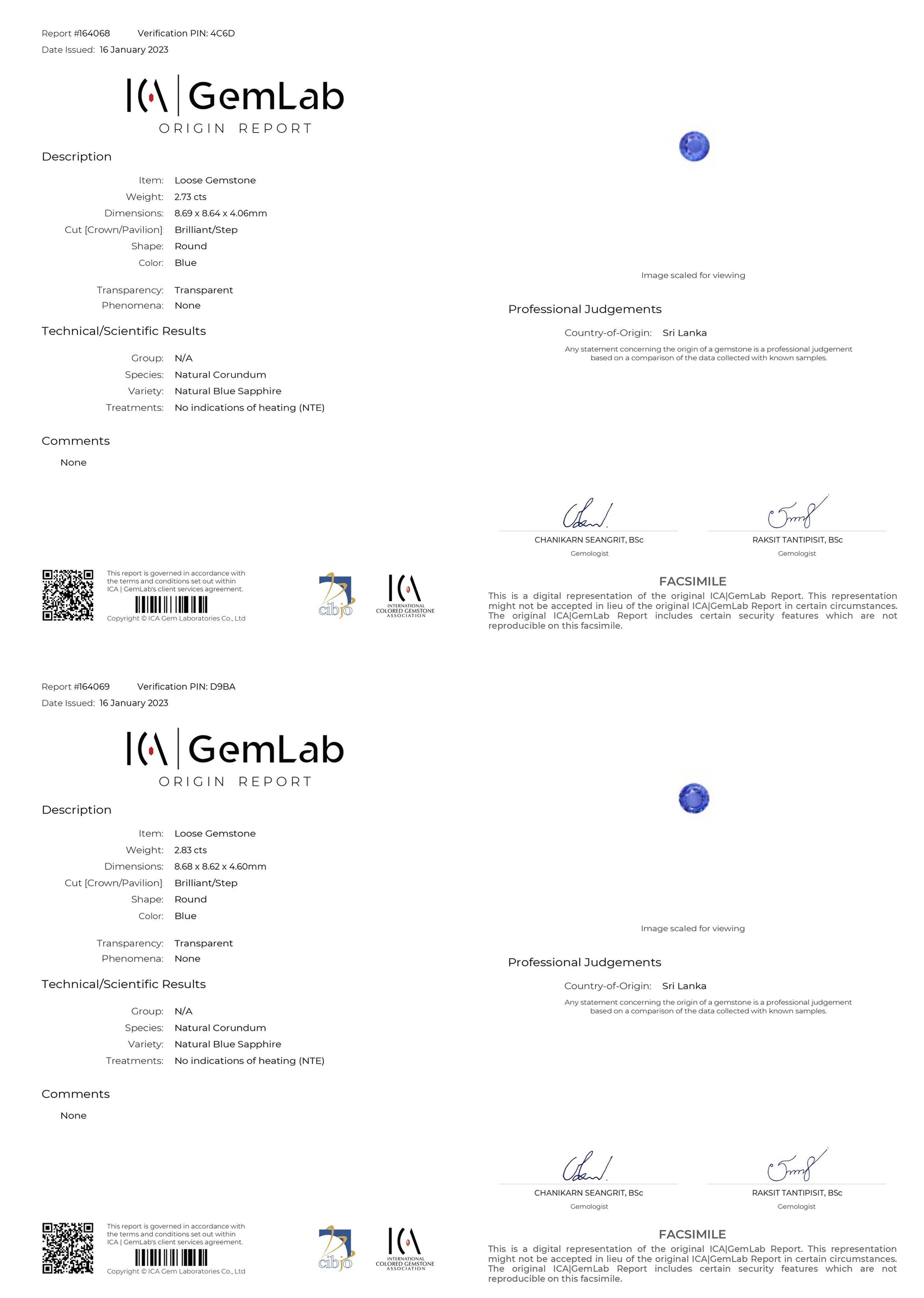 L'image présente deux rapports d'origine GemLab pour le Saphir Bleu Bonnot Paris de 5,56 ct, chacun comportant un logo, une description, des mesures, des informations sur la transparence, les traitements, des avis professionnels et une certification par un évaluateur agréé. Ils incluent également des filigranes et des codes QR.