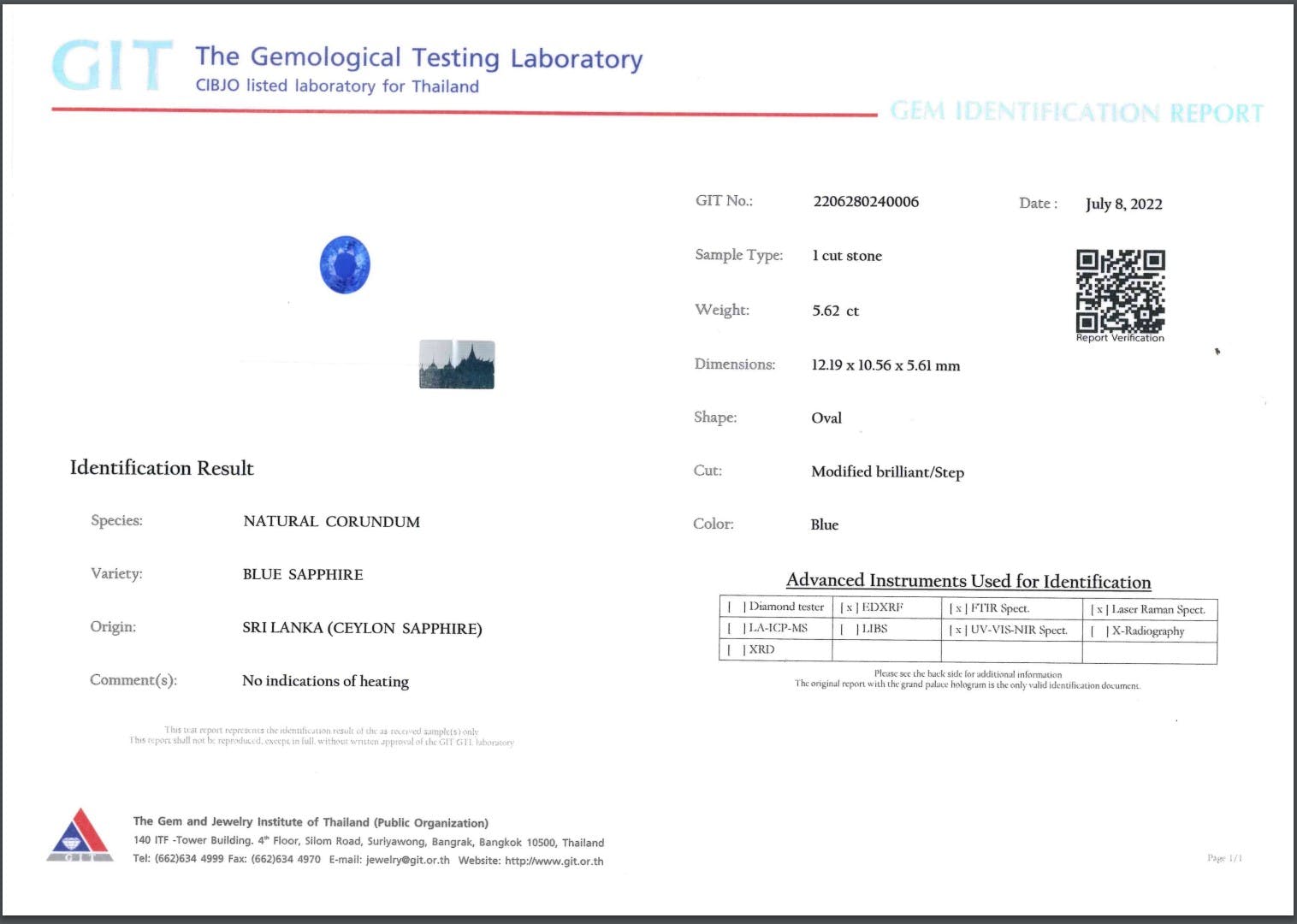 Un certificat de Bonnot Paris pour le Saphir Bleu · 5,62 ct l'identifie comme un saphir bleu naturel du Sri Lanka, détaillant son poids, ses dimensions, sa forme et les instruments de test utilisés. Il comprend un code QR et les logos officiels.
