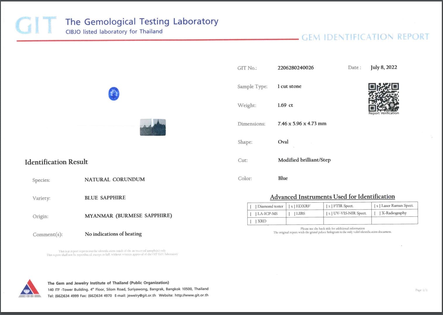 Certificat du Laboratoire de Tests Gemologiques pour le Saphir Bleu · 1,69 ct de Bonnot Paris : poids 1,69 ct, taille 7,46 x 5,96 x 4,73 mm, origine Myanmar, pas de chauffage, daté du 8 juillet 2022 ; comprend le code QR, le logo de l'entreprise et les signatures.