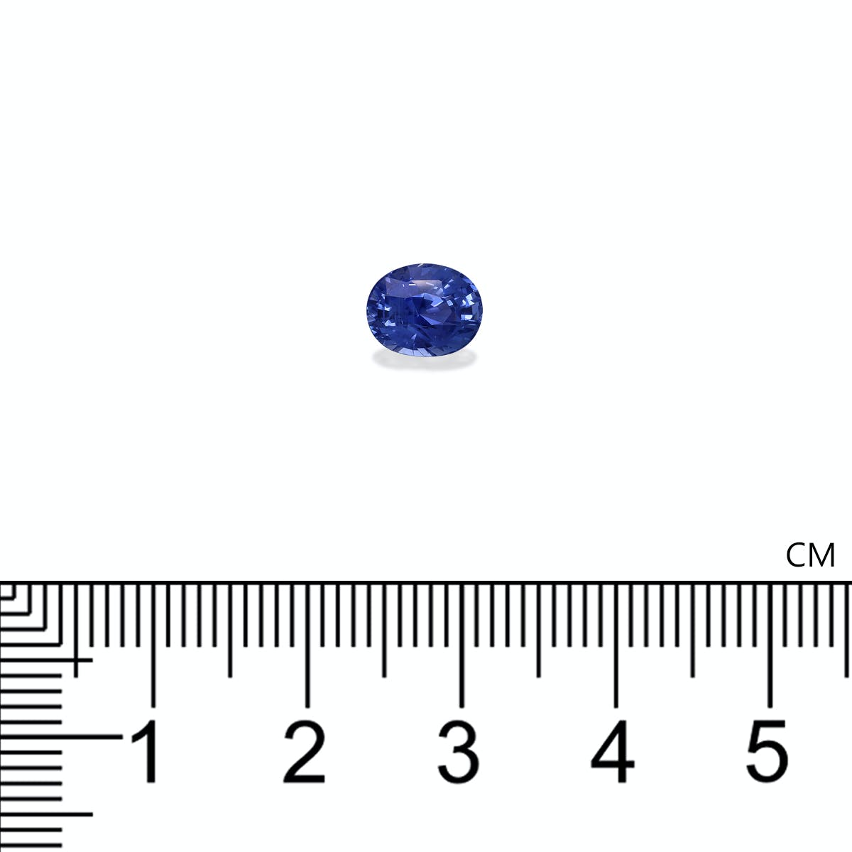 Le Saphir Bleu · 1,69 ct de Bonnot Paris, une pierre précieuse bleue de forme ovale, est placé sur un fond uni au-dessus d'une règle marquée en centimètres, apparaissant petit avec environ 0,5 centimètre de large.