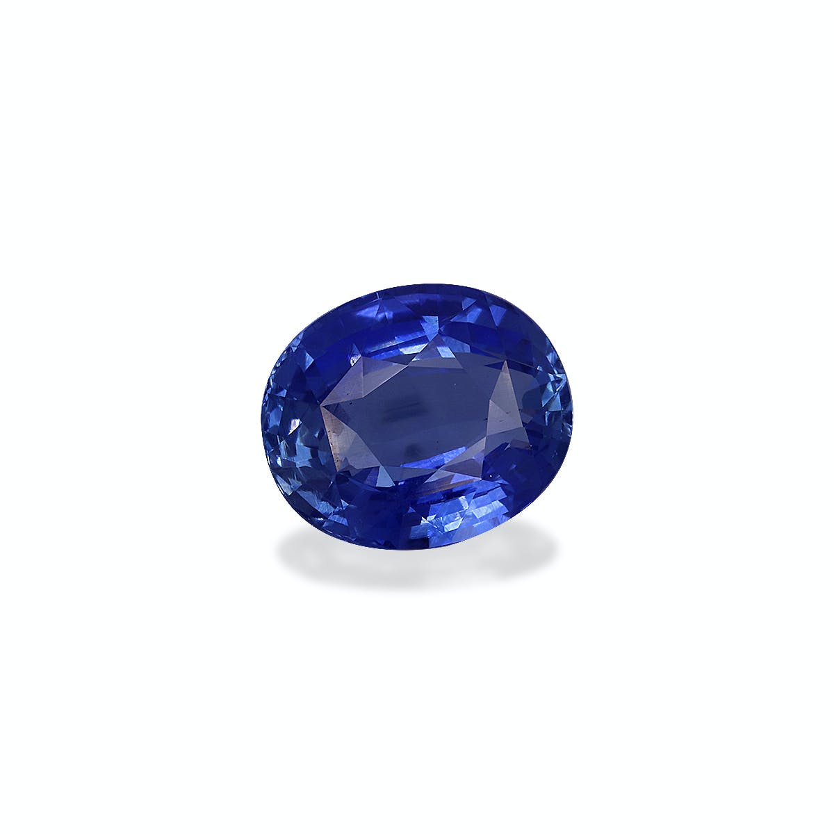 Une pierre précieuse Saphir Bleu à facettes, taille ovale, de Bonnot Paris, pesant 4,99 ct et présentant une teinte riche et profonde avec des surfaces réfléchissantes, est présentée sur un fond blanc uni.