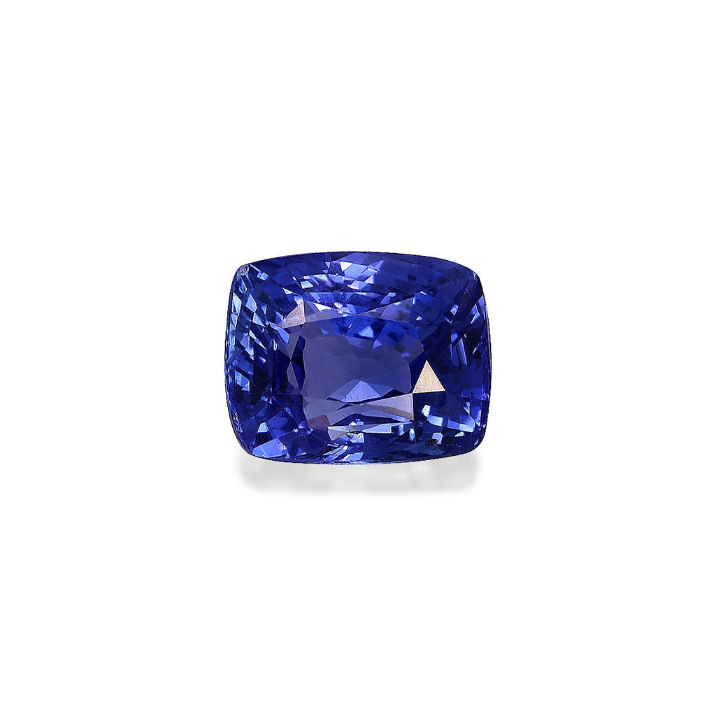 Le Saphir Bleu · 4,09 ct de Bonnot Paris, une pierre précieuse bleue taille coussin, affiche sa couleur profonde et vive et sa brillance sur un fond blanc uni.