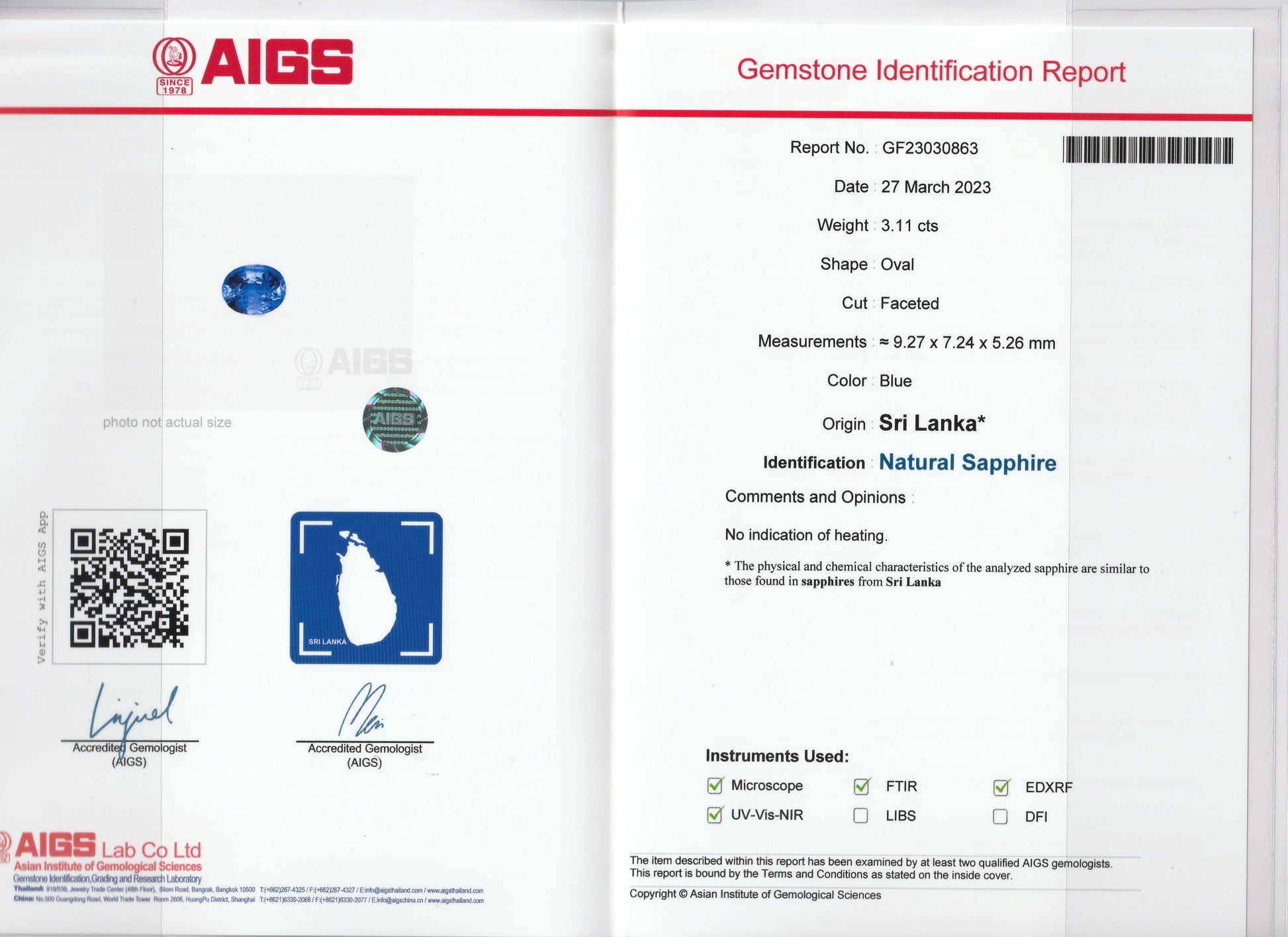 Le rapport de l'AIGS présente les détails d'un sublime Saphir Bleu Bonnot Paris (3,11 ct), mettant en avant son poids, sa forme, sa taille, ses dimensions, sa couleur bleue envoûtante et son origine sri-lankaise. Des images de sécurité et un code QR sont inclus à gauche.