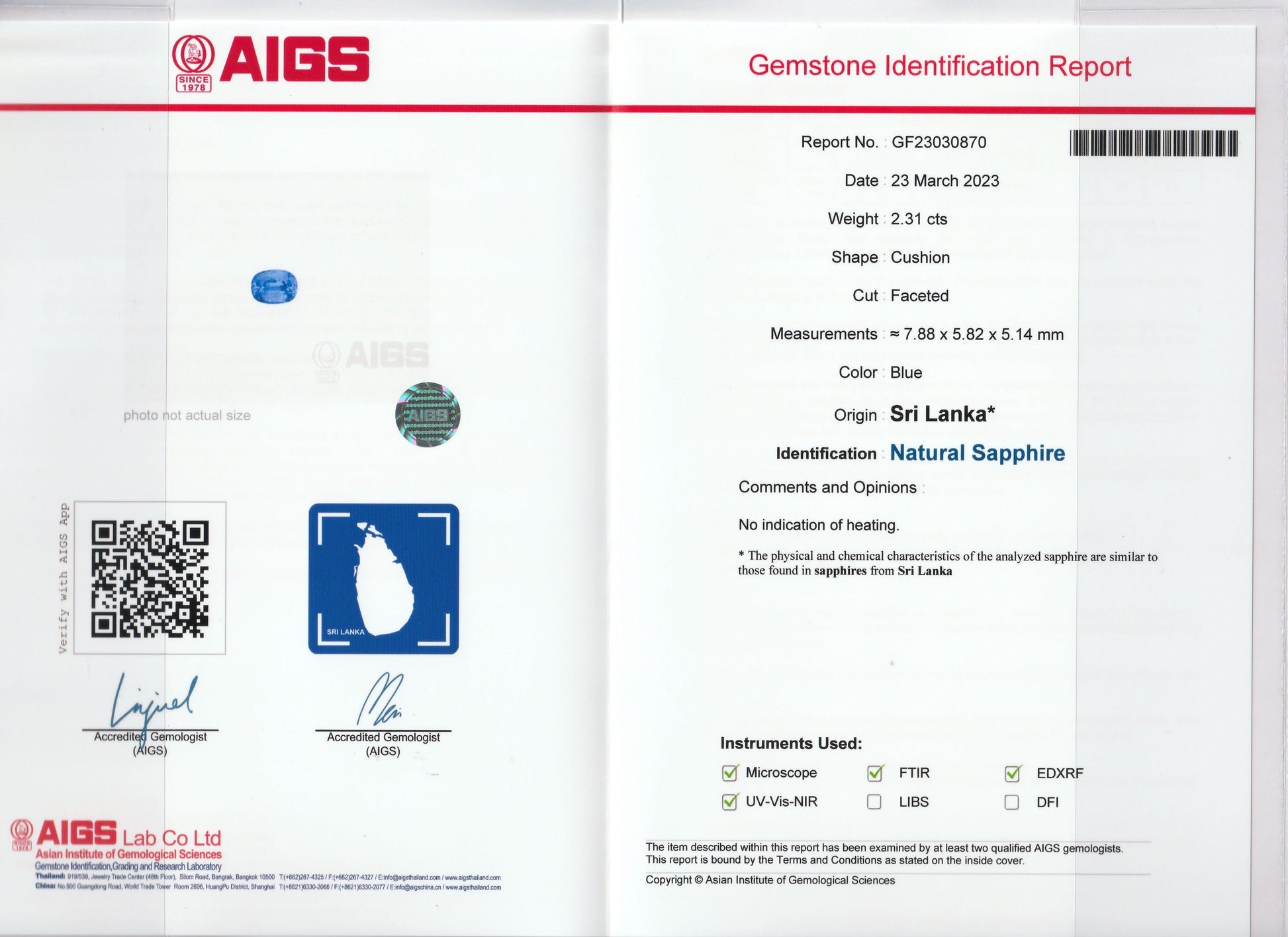 Le rapport d'identification de la pierre précieuse « Saphir Bleu · 2,3 ct » de Bonnot Paris détaille un saphir naturel de forme coussin provenant du Sri Lanka. Il comprend des photos, une carte du Sri Lanka, les résultats d'analyses de laboratoire et des signatures avec la marque « AIGS ».