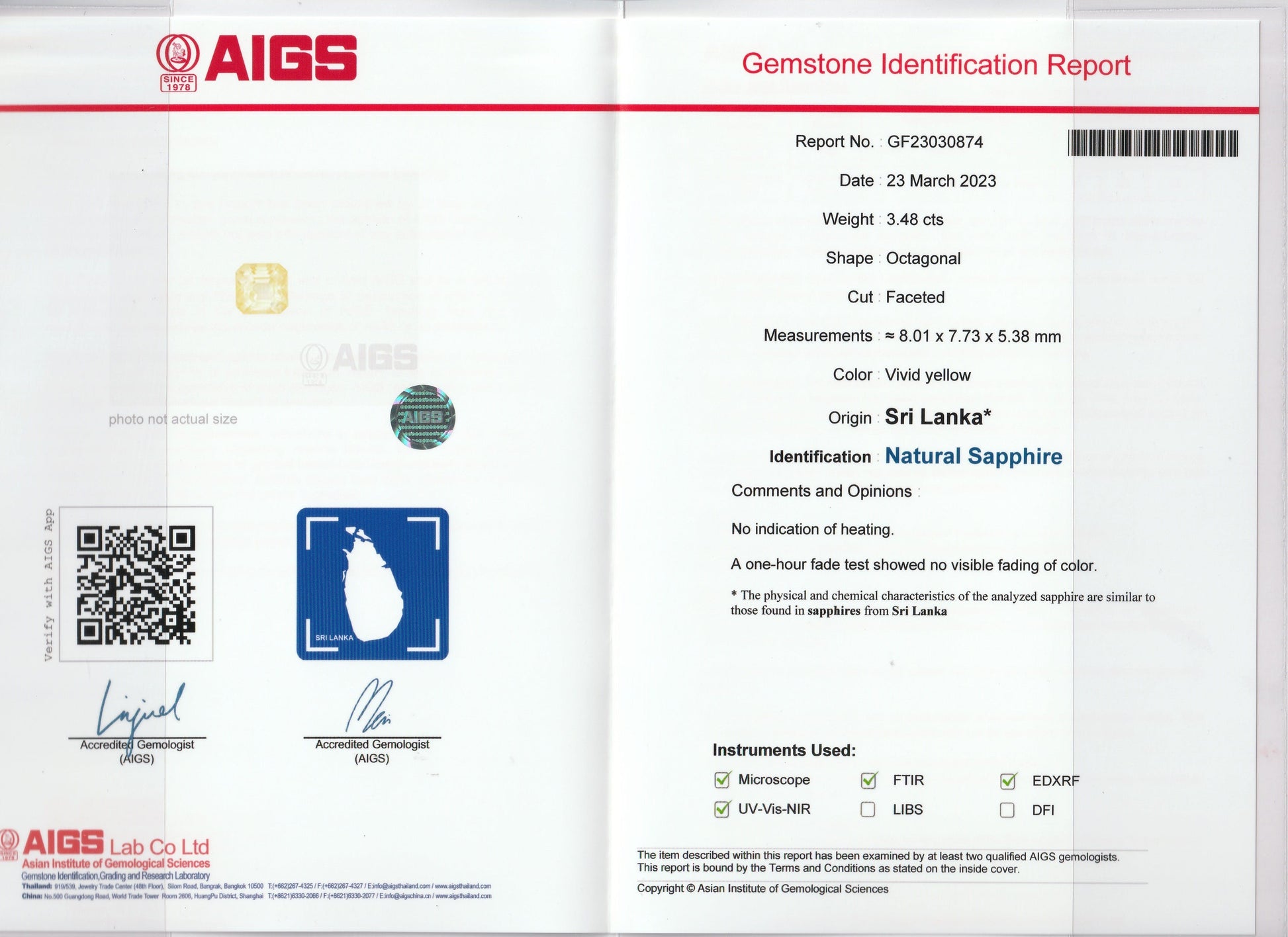 Le rapport d'identification des pierres précieuses AIGS pour Saphir Jaune · 3,48 ct par Bonnot Paris comprend le numéro du rapport, la date, la couleur jaune vif, la forme octogonale, l'identification du saphir naturel, l'origine sri-lankaise, le poids (3,48 ct), les mesures, le code QR et les signatures.