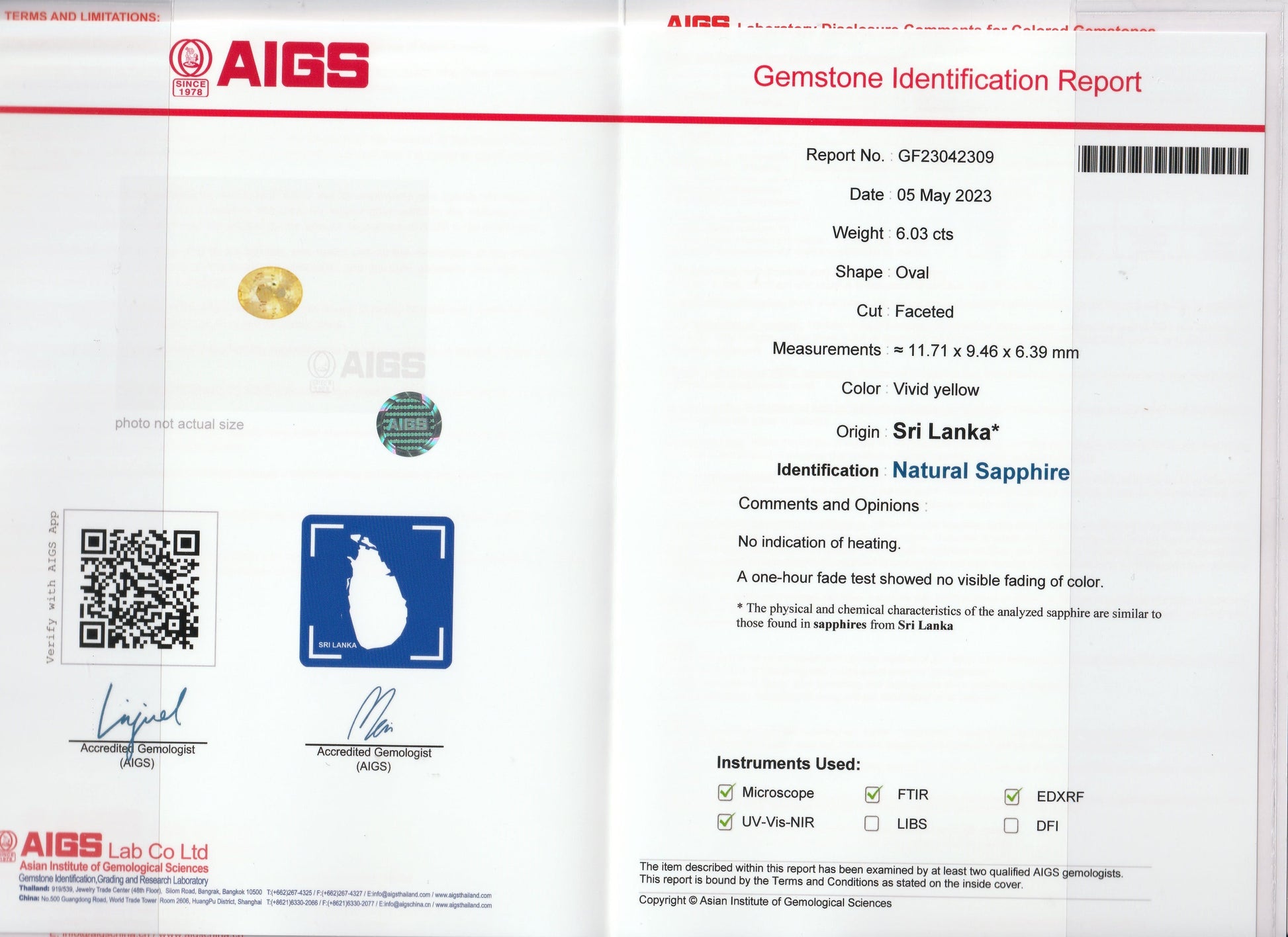 Un rapport Bonnot Paris présente un Saphir Jaune · 6,02 ct, un saphir ovale jaune facetté du Sri Lanka, détaillant les dimensions, la couleur et le poids sans retouche. Les logos et signatures sont visibles en bas.