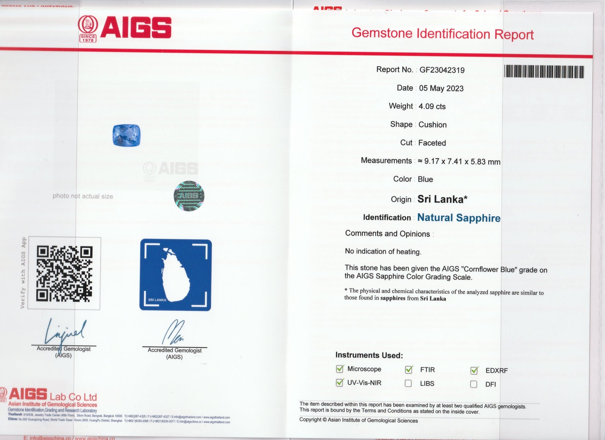 Le Saphir Bleu de 4,09 carats de Bonnot Paris est un saphir naturel taille coussin du Sri Lanka, doté d'un rapport d'identification AIGS avec images, mesures et certifications de laboratoire.