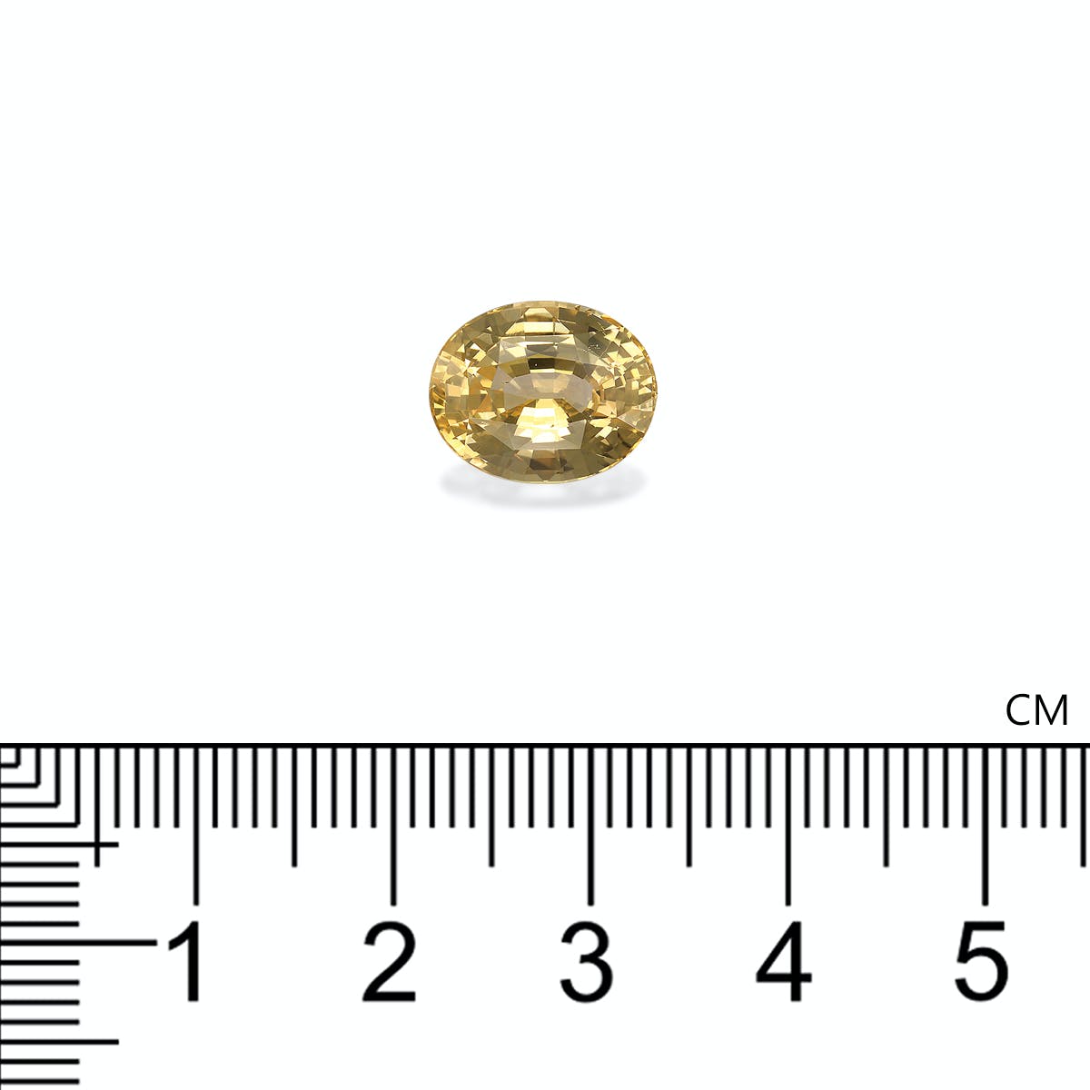 Une pierre précieuse Saphir Jaune · 6,02 ct de Bonnot Paris, petite, de forme ovale, polie et claire, est placée au-dessus d'une règle graduée en centimètres au point de 3,5 cm.