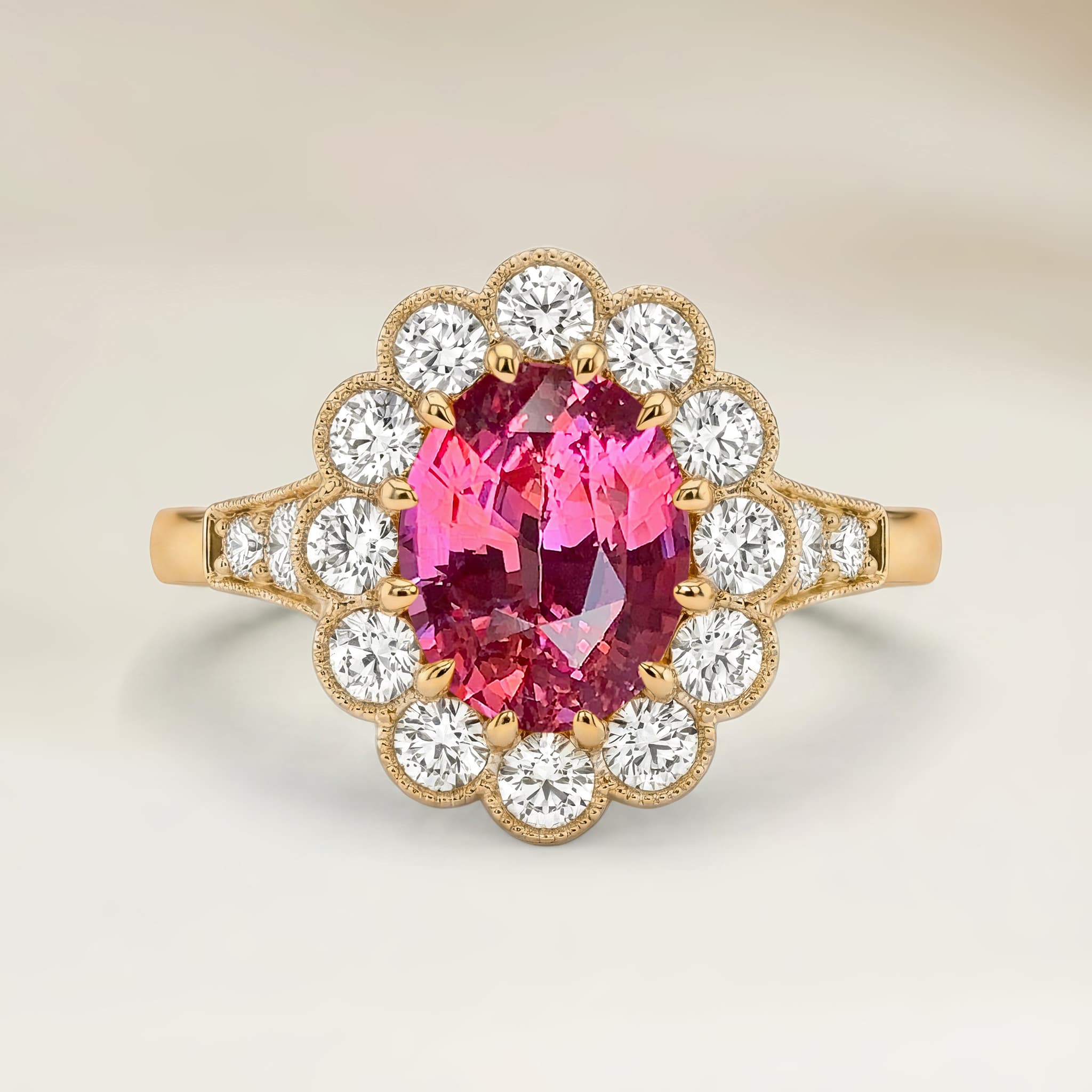 Bague Floral Saphir Padparadscha Ovale de 2,51ct — Or Jaune 18k - vue principale
