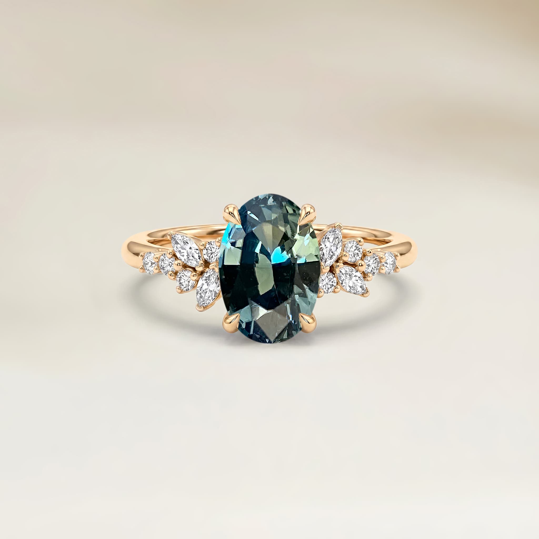 Bague Floral Saphir Teal Ovale de 1,14ct — Or Jaune 18k - vue principale
