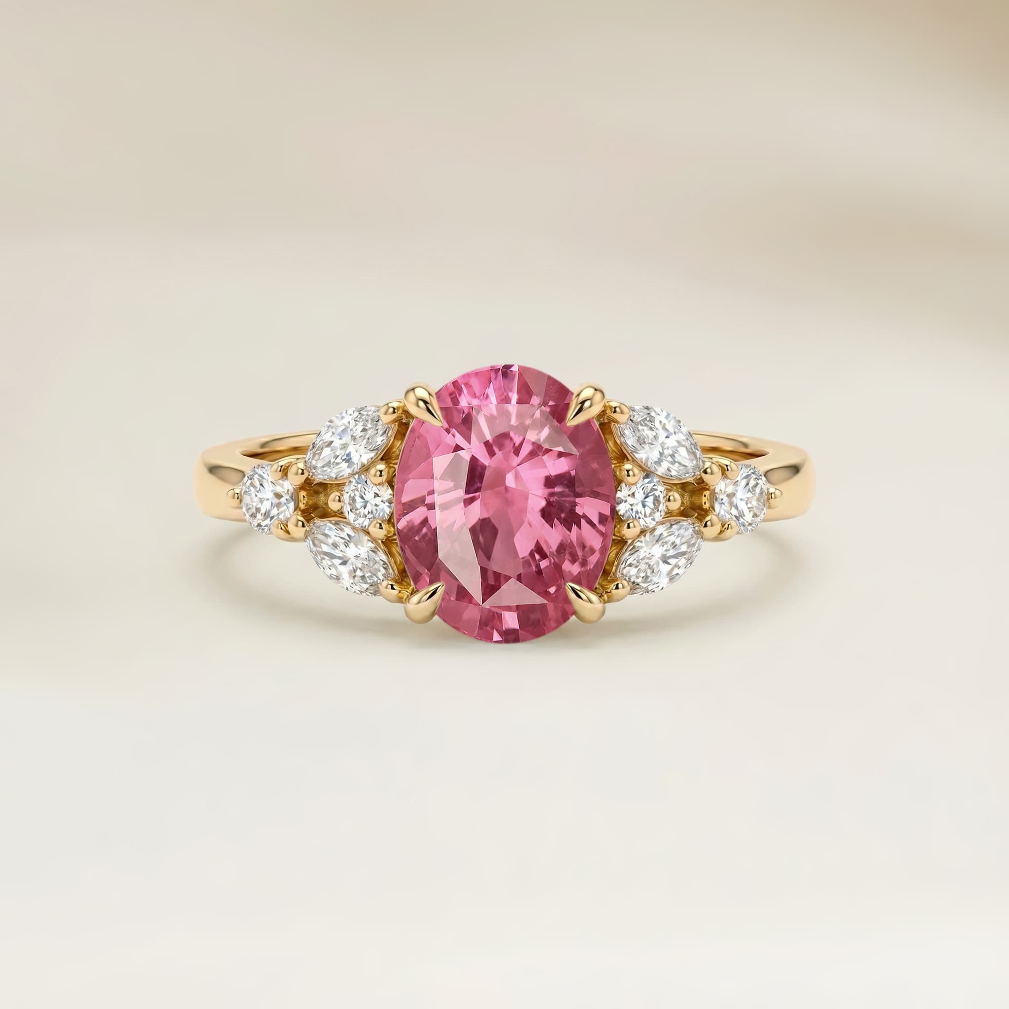 Bague Floral Saphir Padparadscha Ovale de 1,90ct — Or Jaune 18k - vue principale