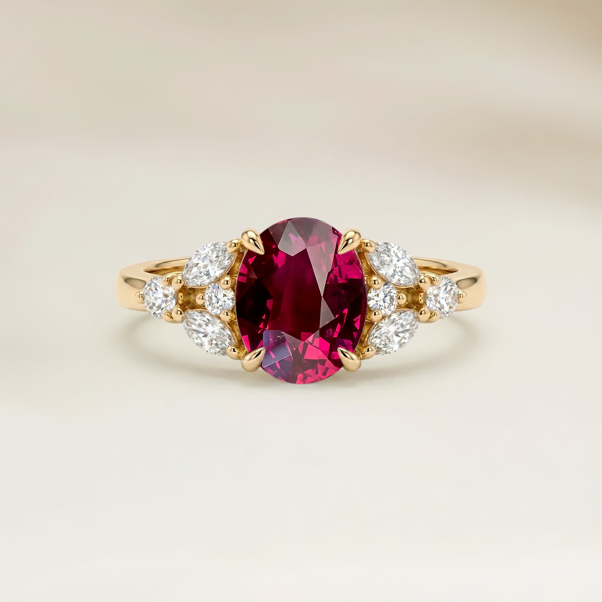 Bague Floral Rubis du Mozambique Ovale de 1,50ct — Or Jaune 18k - vue principale