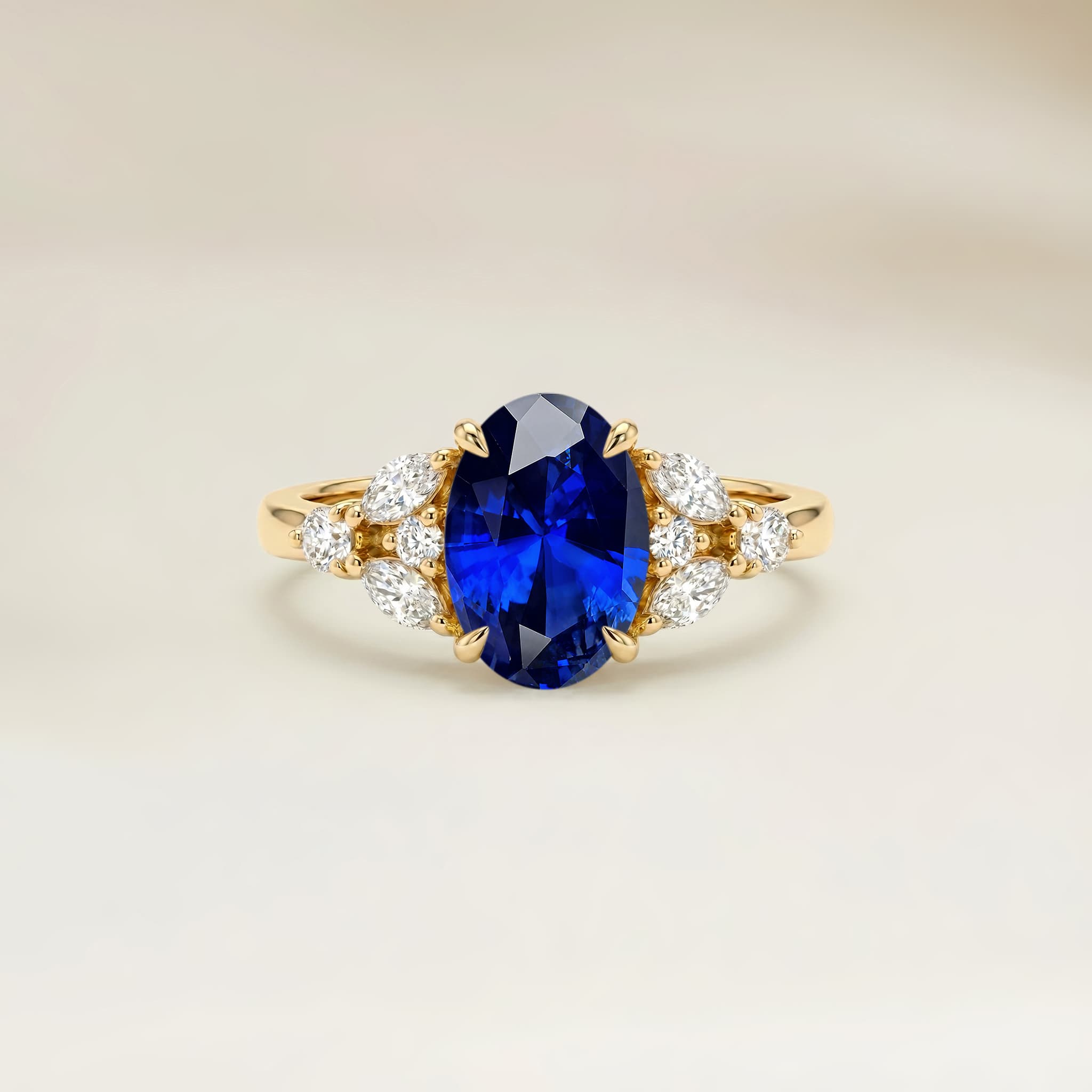 Bague Floral Saphir Bleu Ovale de 1,01ct — Or Jaune 18k - vue principale