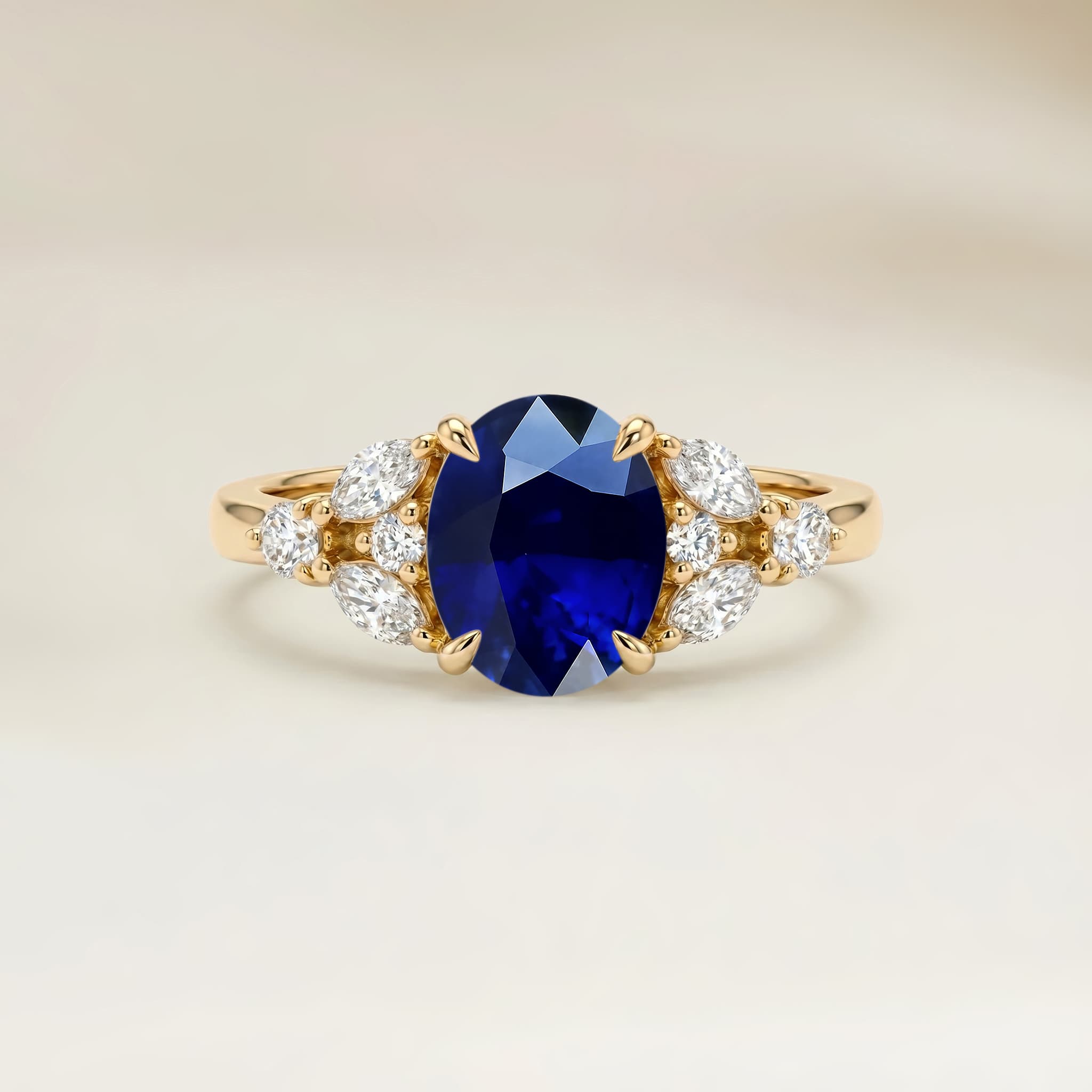 Bague Floral Saphir Bleu Ovale de 1,26ct — Or Jaune 18k - vue principale