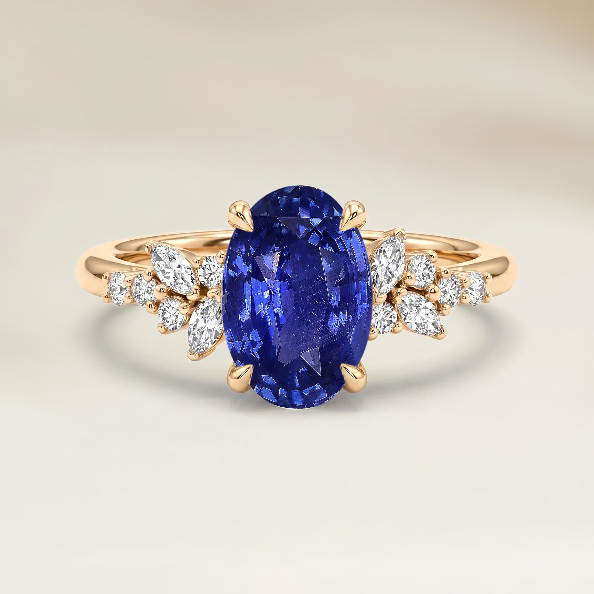 Bague Floral Saphir Bleu Ovale de 3,22ct — Or Jaune 18k - vue principale