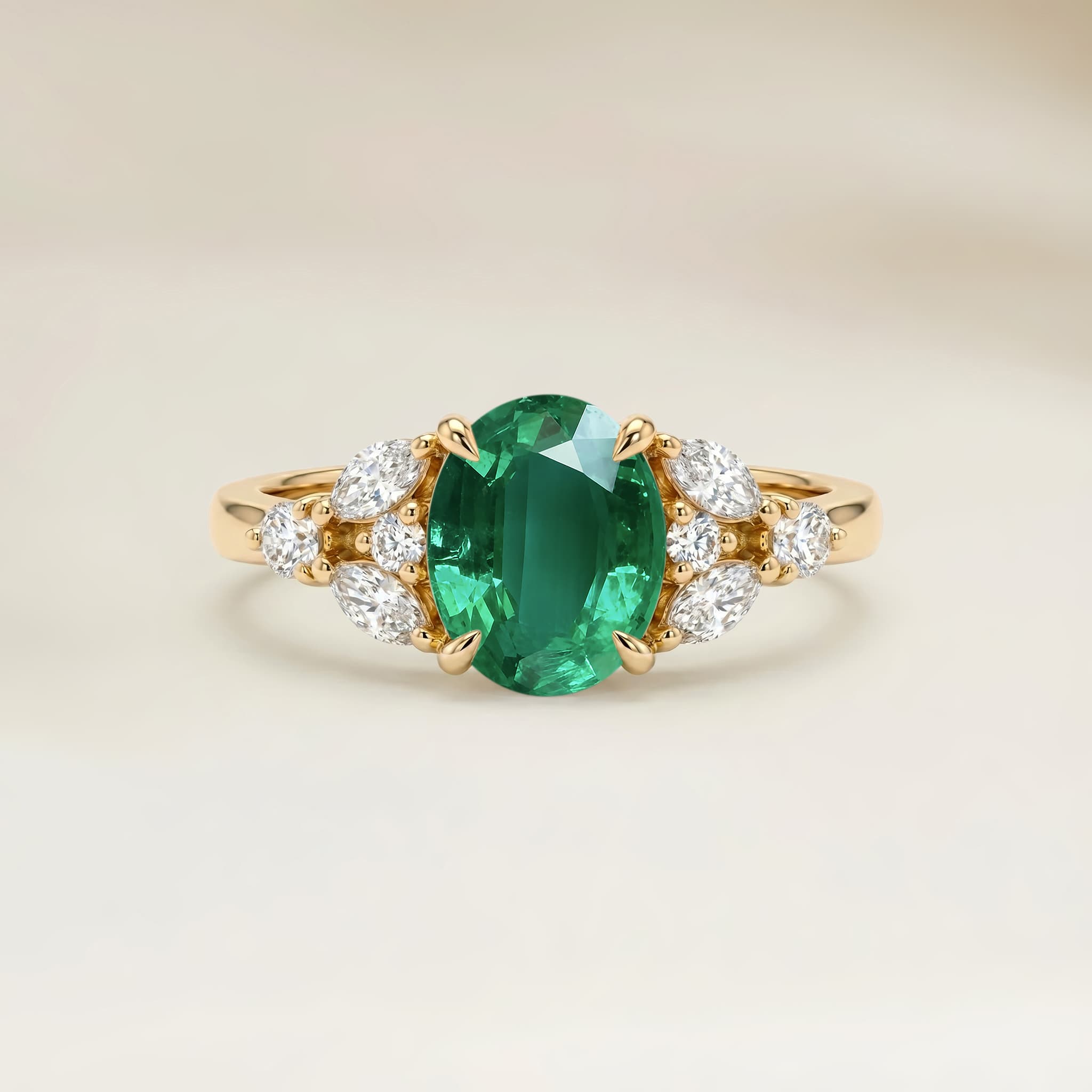 Bague Floral Emeraude de Zambie Ovale de 1,98ct — Or Jaune 18k - vue principale