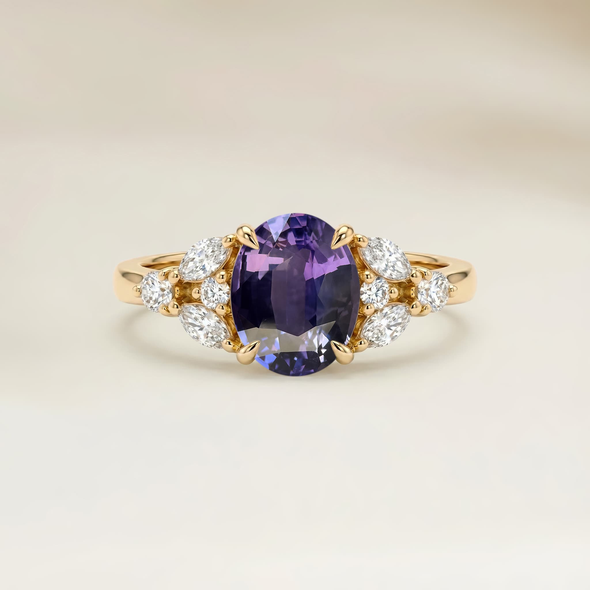 Bague Floral Saphir Violet Ovale de 1,51ct — Or Jaune 18k - vue principale