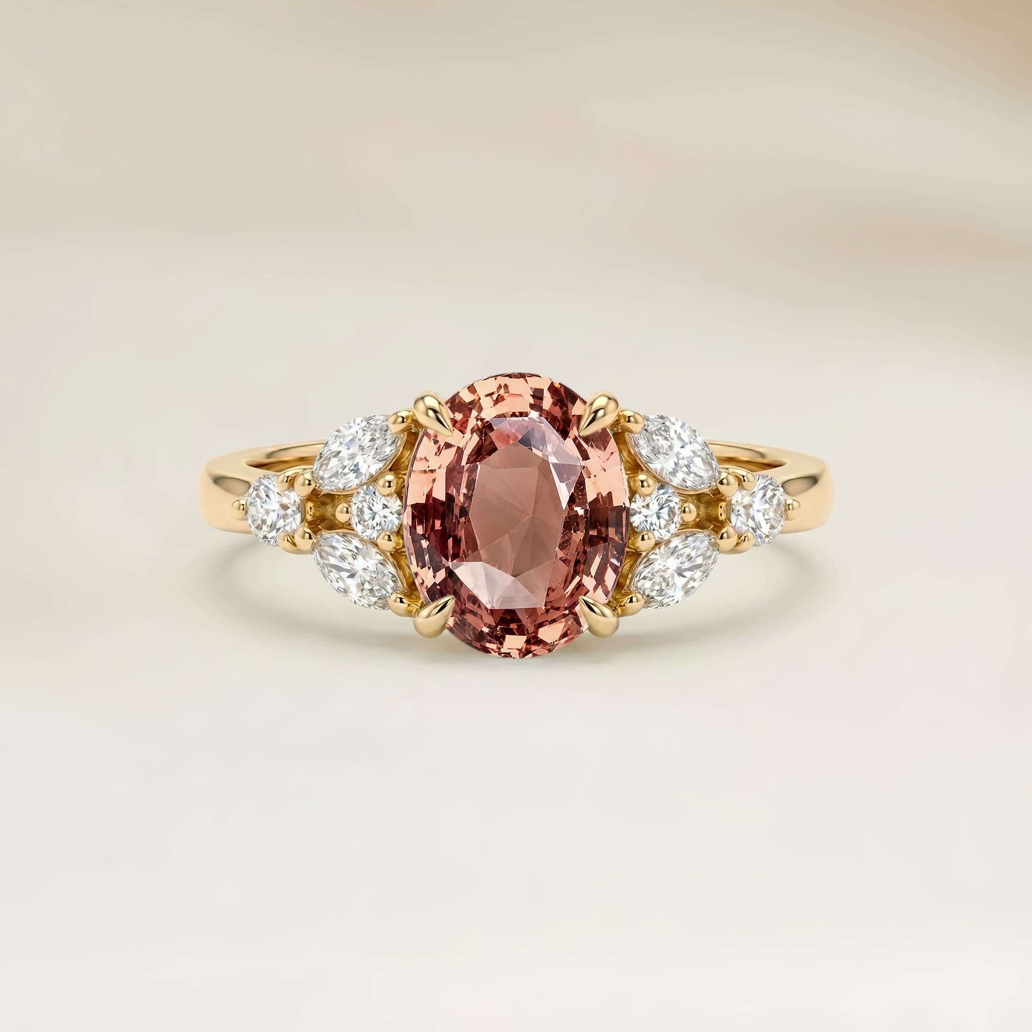 Bague Floral Saphir Padparadscha Ovale de 1,13ct — Or Jaune 18k - vue principale