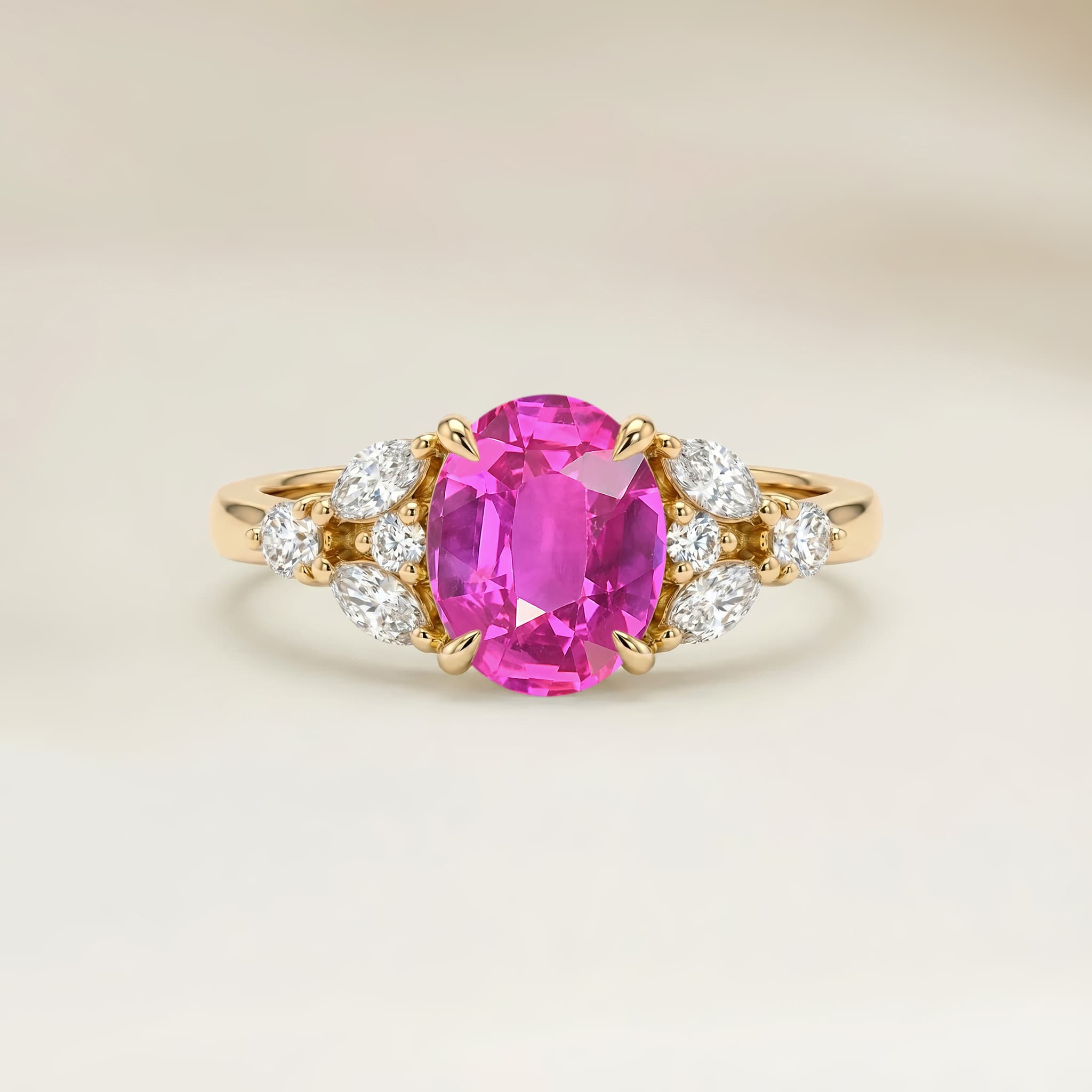 Bague Floral Saphir Rose Ovale de 2,05ct — Or Jaune 18k - vue principale