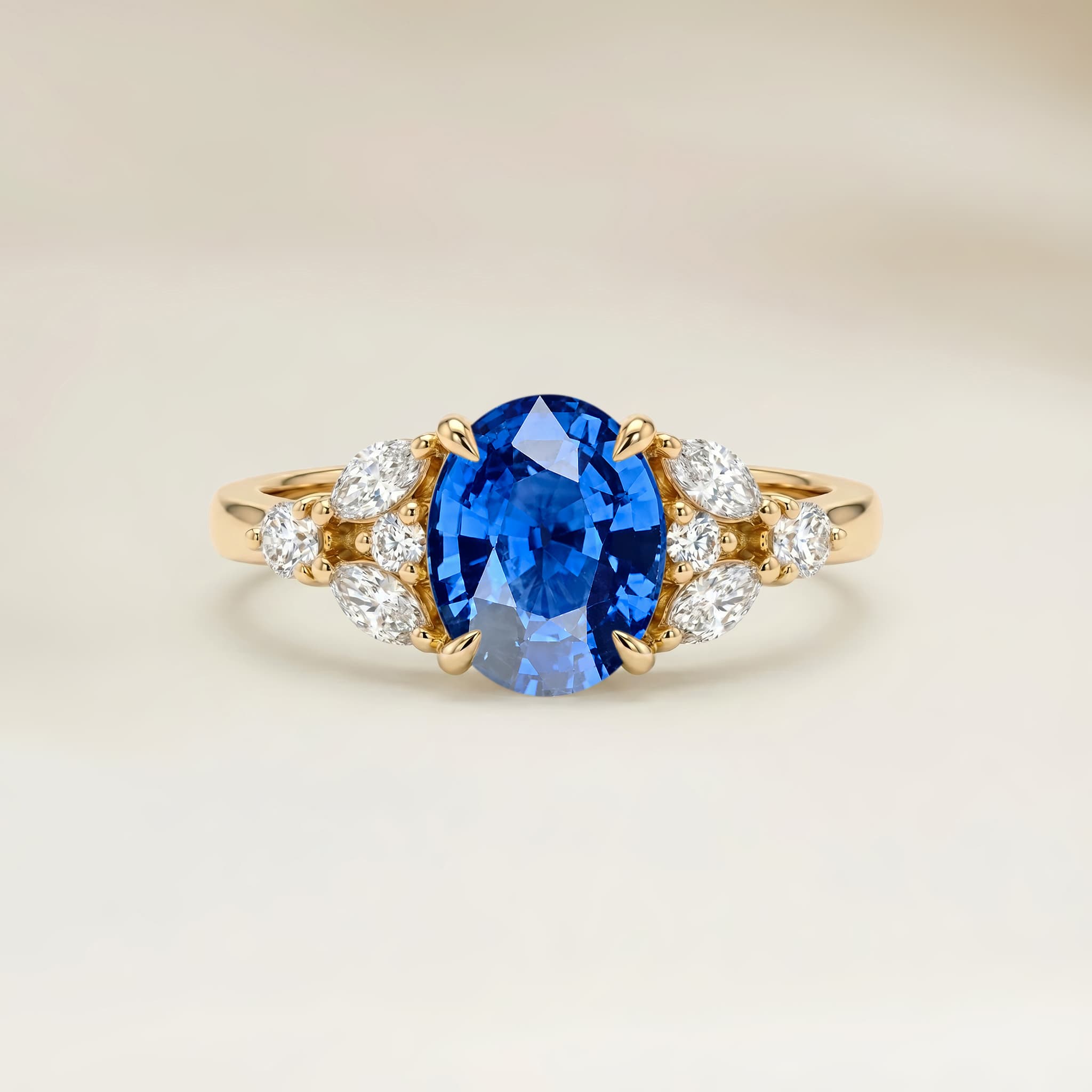 Bague Floral Saphir Bleu Ovale de 1,56ct — Or Jaune 18k - vue principale