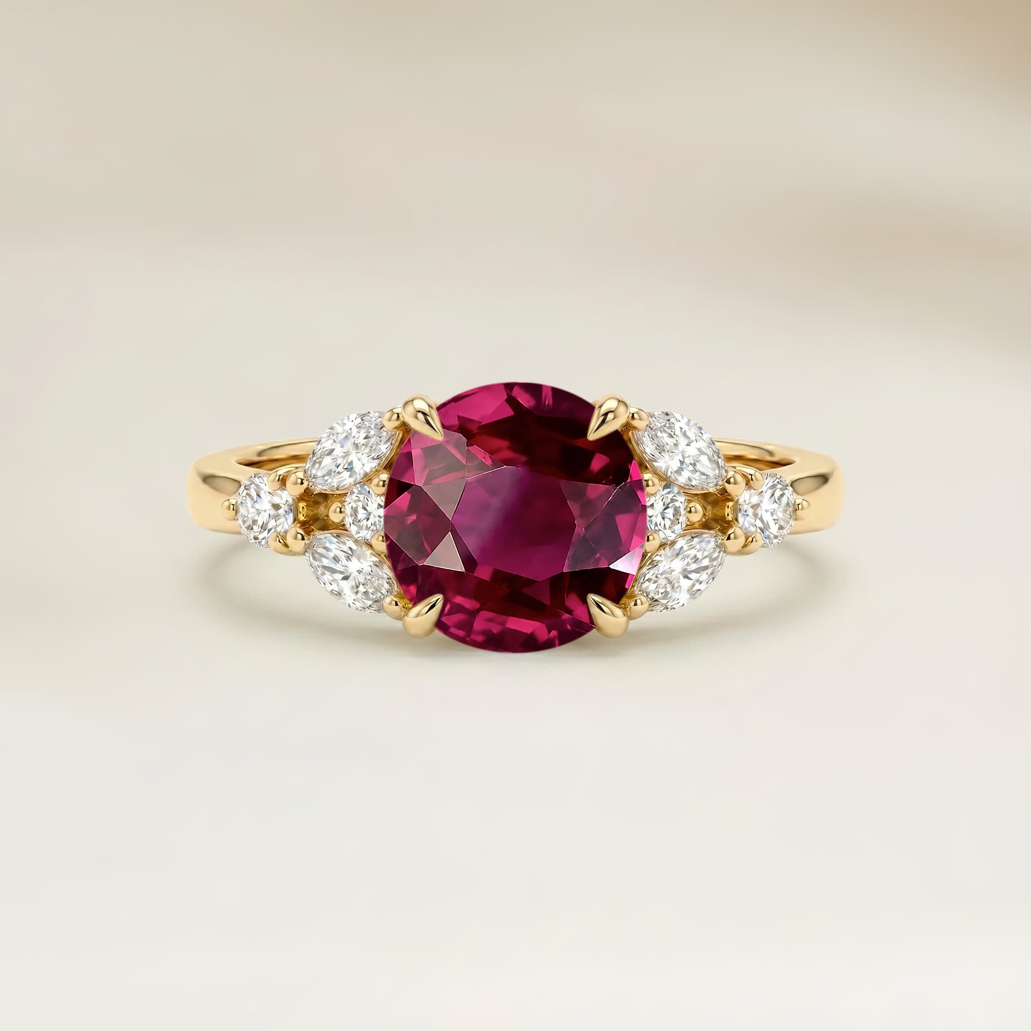 Bague Floral Rubis Ovale de 1,02ct — Or Jaune 18k - vue principale