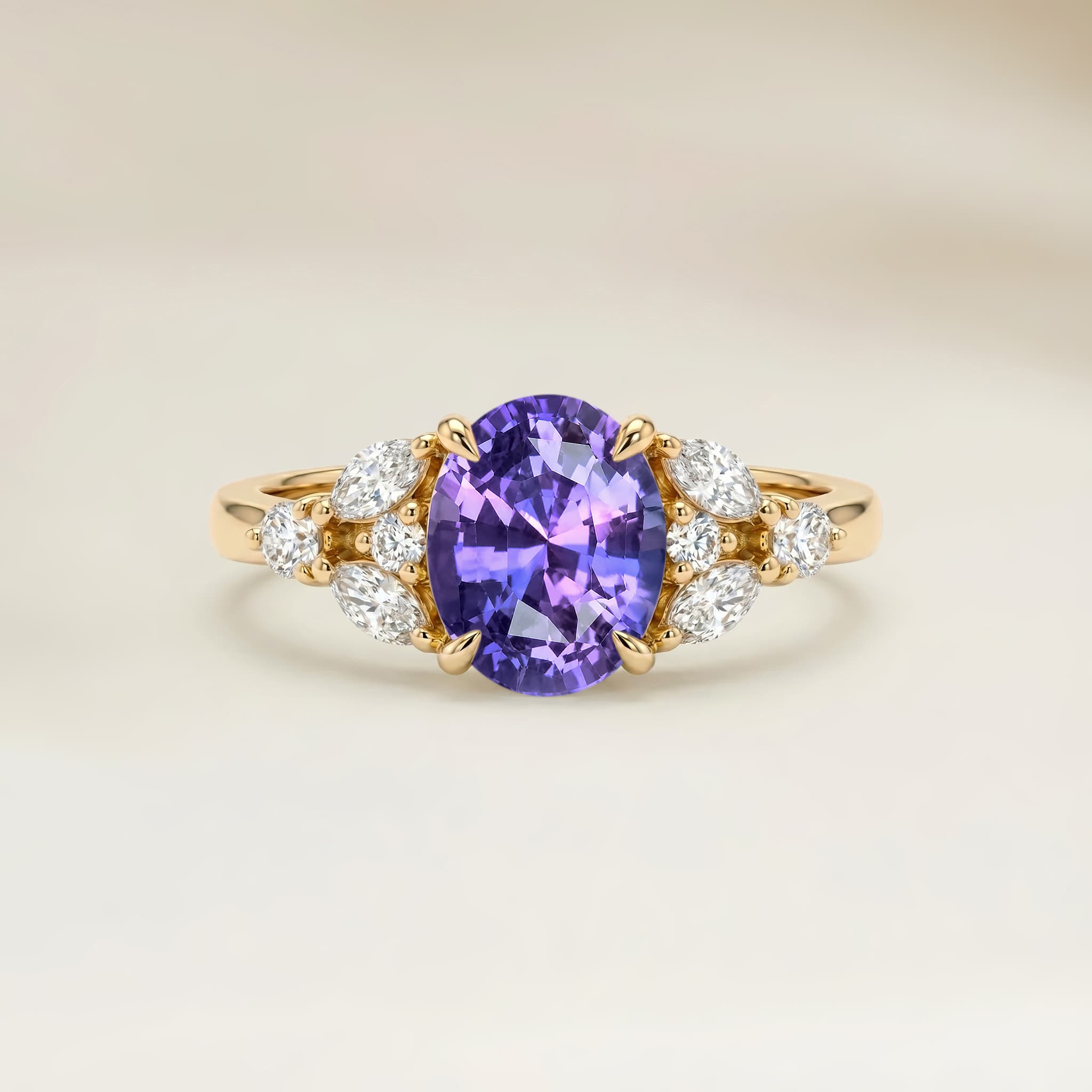Bague Floral Saphir Violet Ovale de 1,65ct — Or Jaune 18k - vue principale