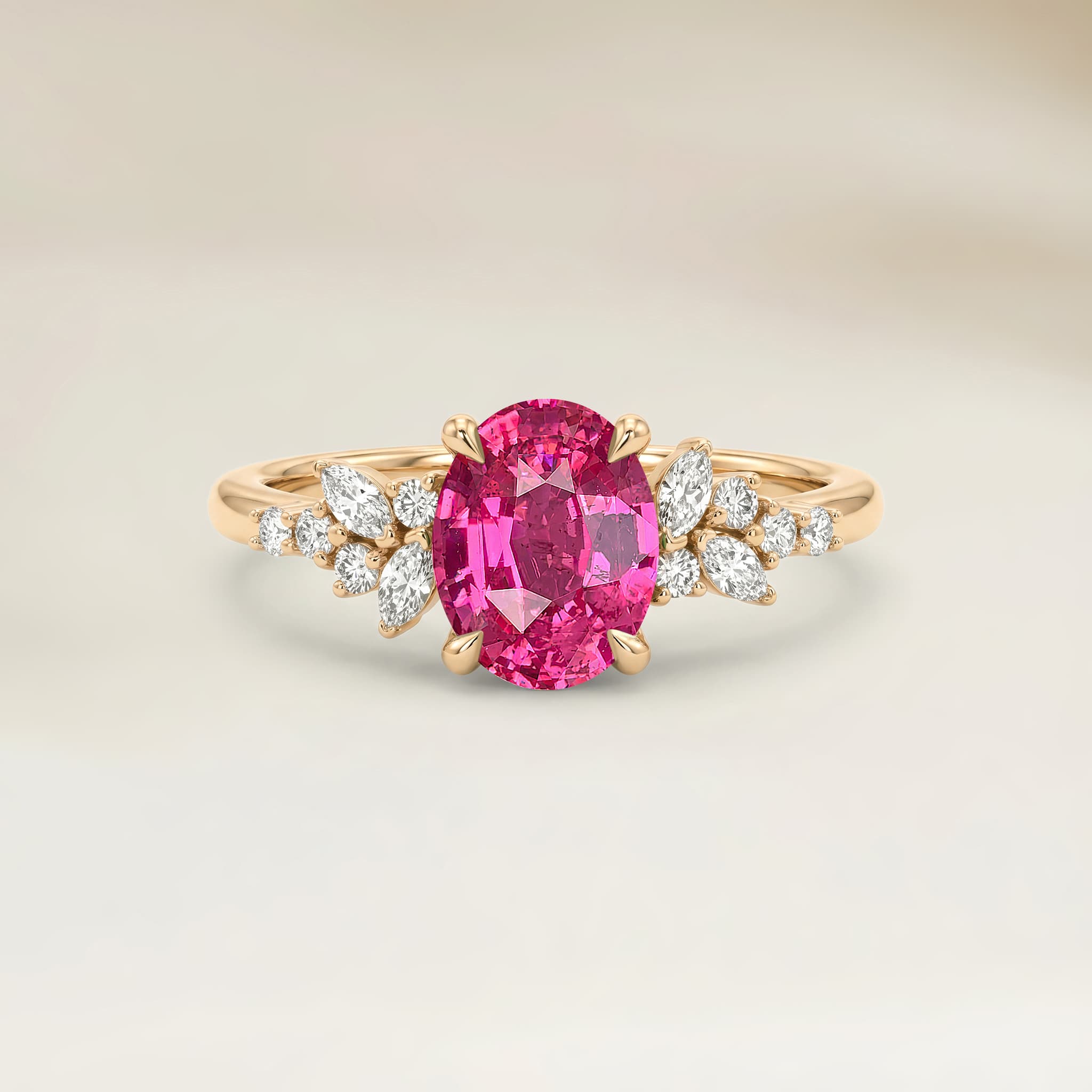 Bague Floral Spinelle Rose Ovale de 1,60ct — Or Jaune 18k - vue principale