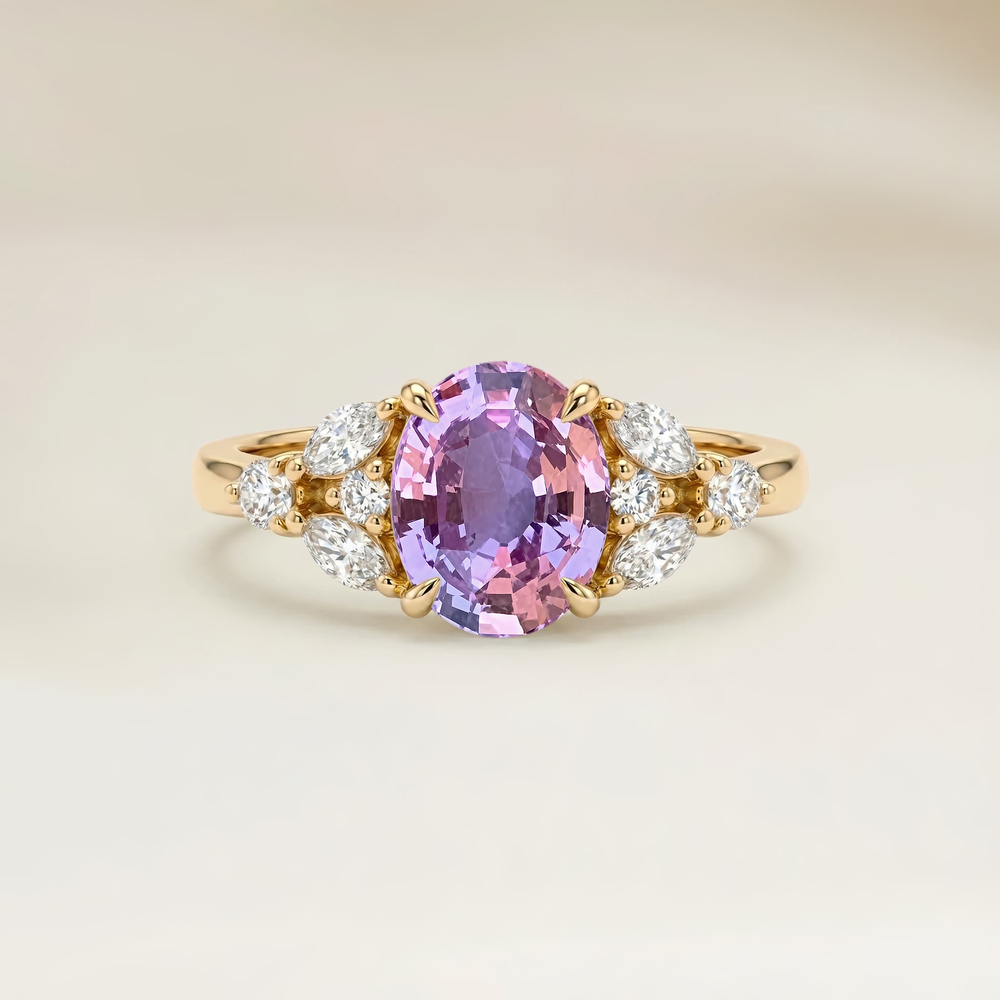Bague Floral Saphir Rose Ovale de 1,29ct — Or Jaune 18k - vue principale