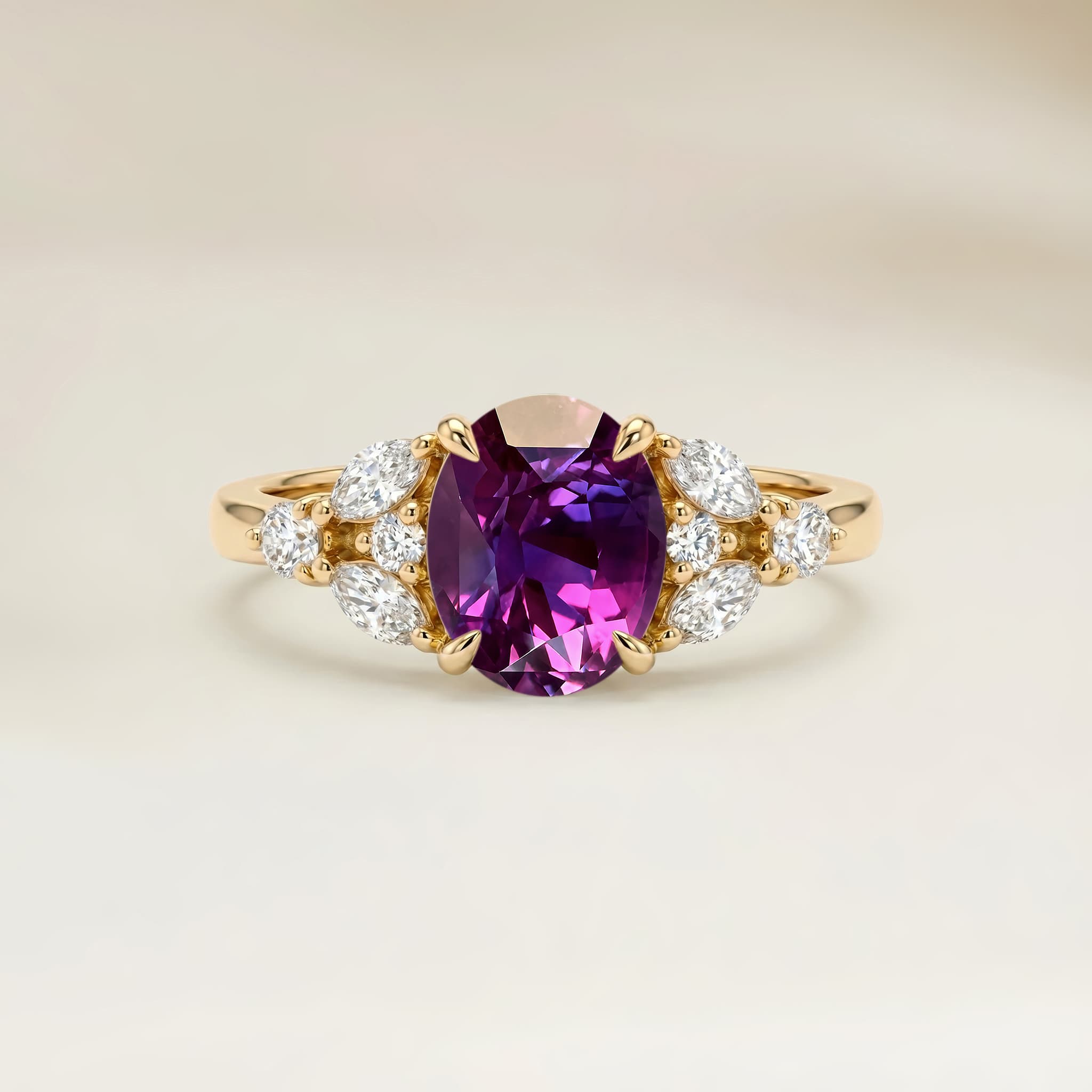 Bague Floral Saphir Violet Ovale de 1,49ct — Or Jaune 18k - vue principale