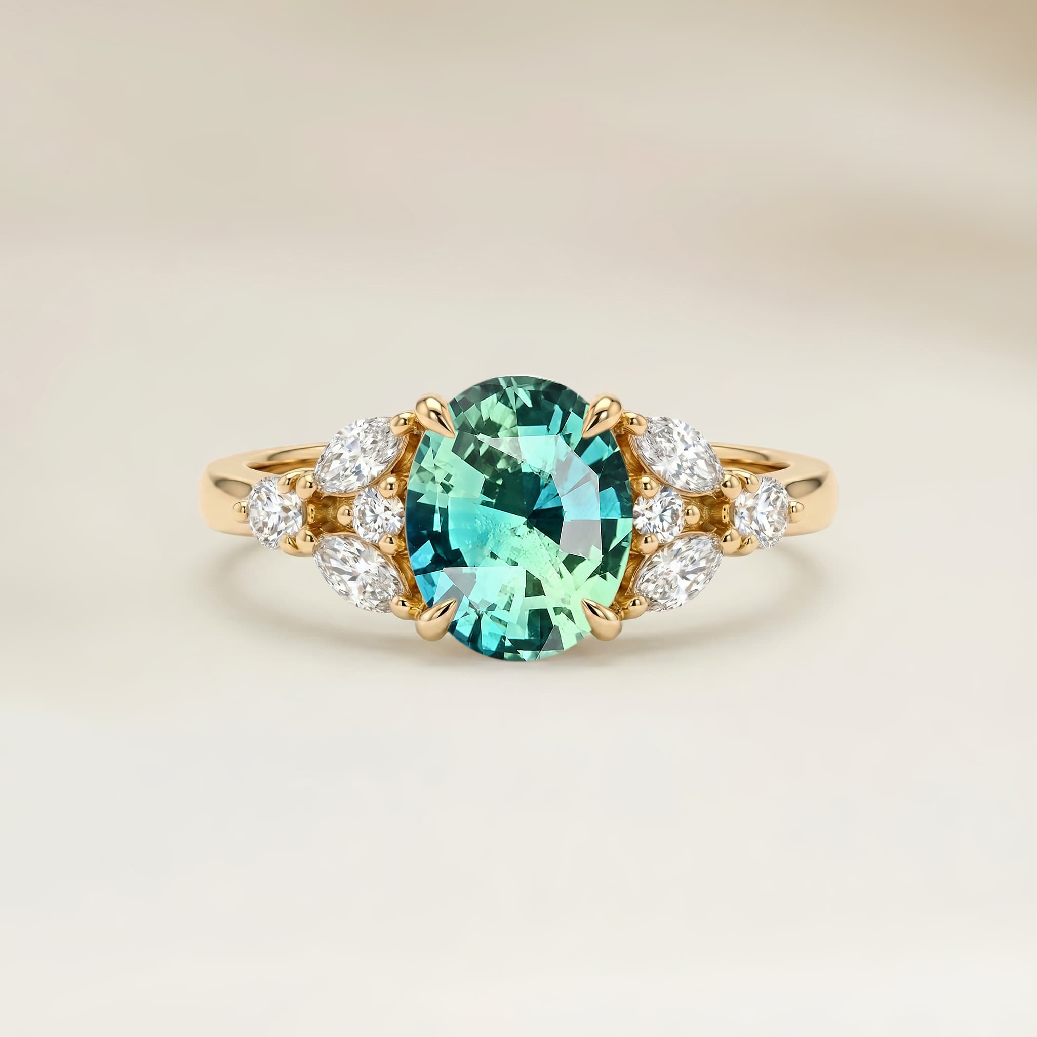 Bague Floral Saphir Teal Ovale de 1,79ct — Or Jaune 18k - vue principale