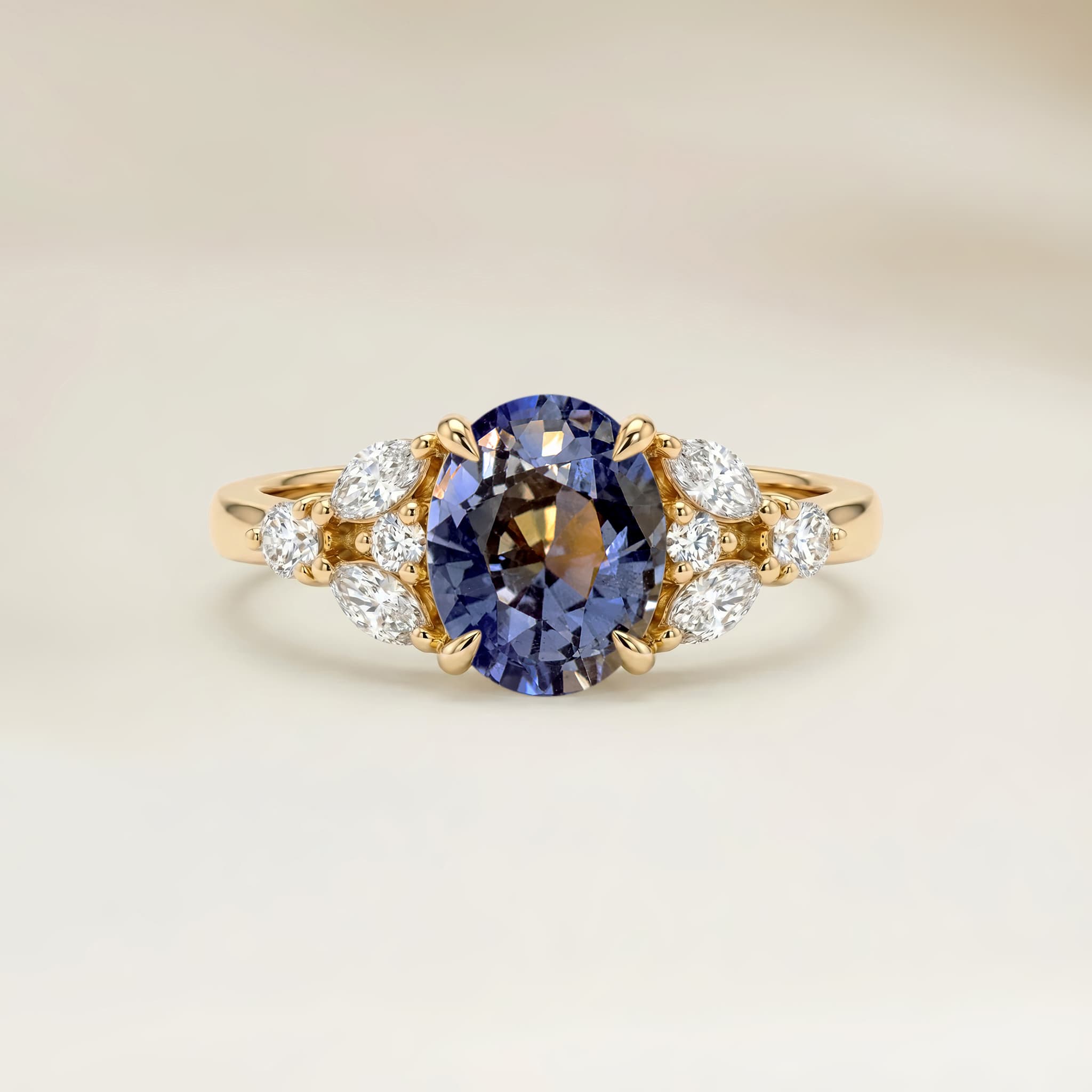 Bague Floral Saphir Ovale de 1,04ct — Or Jaune 18k - vue principale