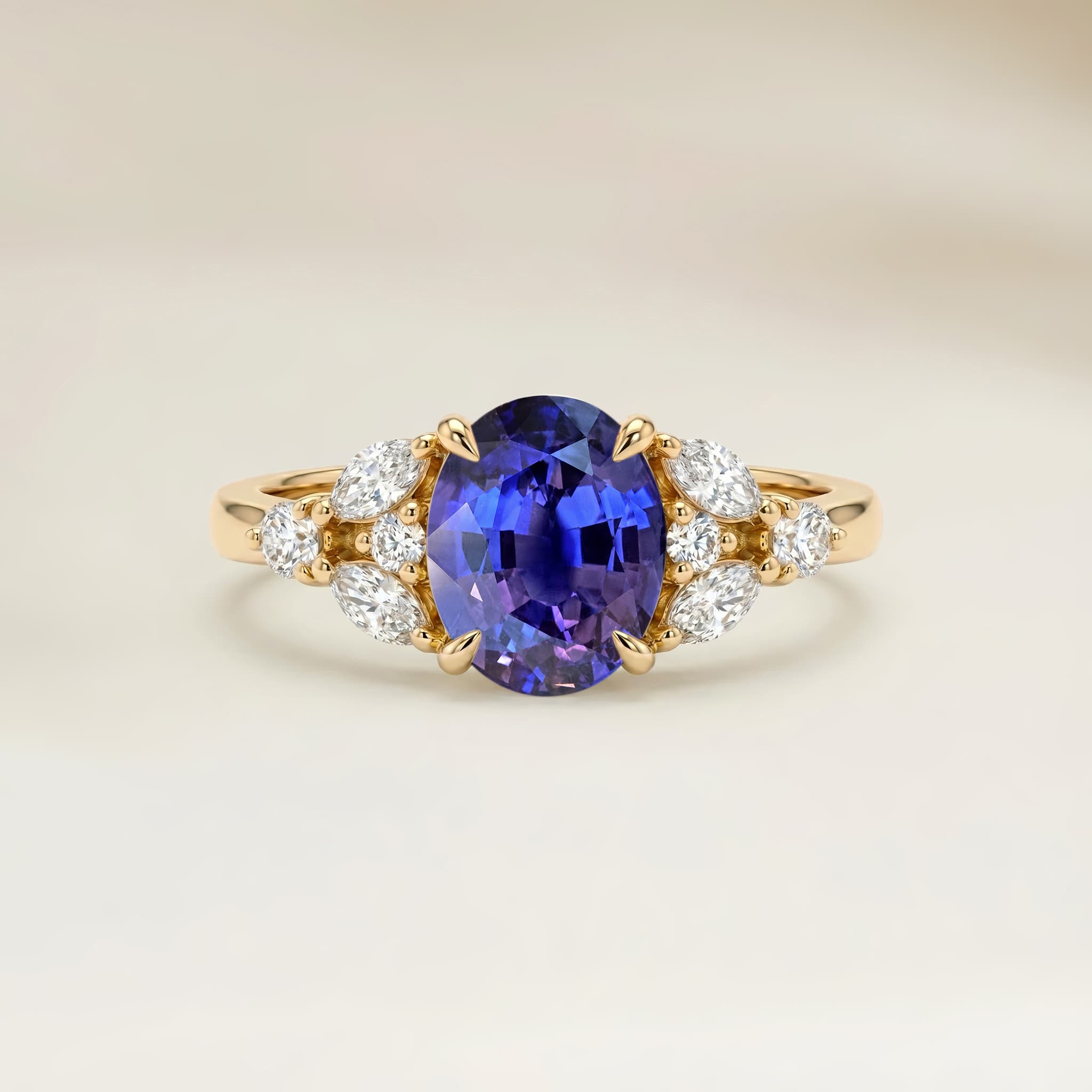 Bague Floral Saphir Violet Ovale de 2,49ct — Or Jaune 18k - vue principale