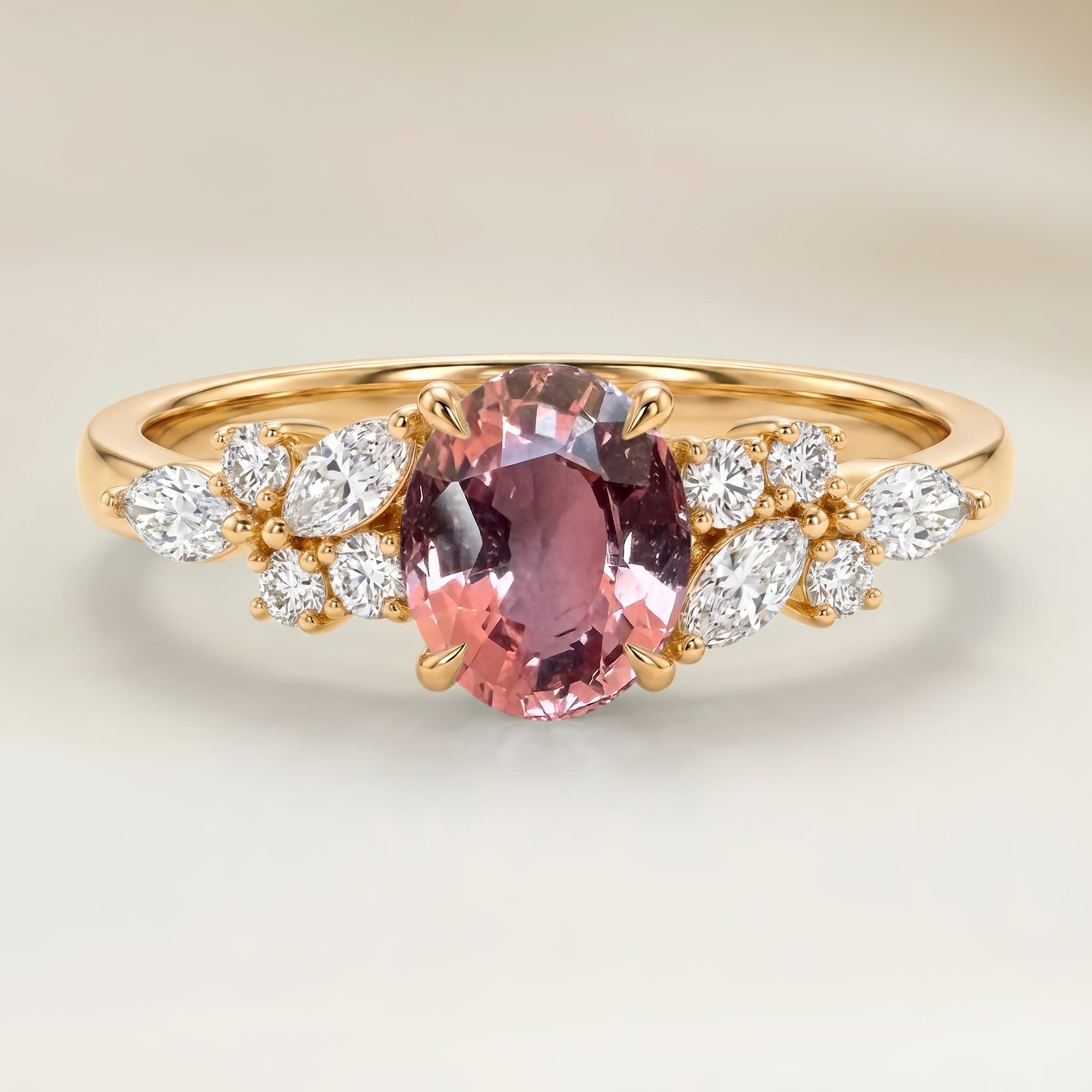 Anel Floral Safira Padparadscha Oval de 1,52ct