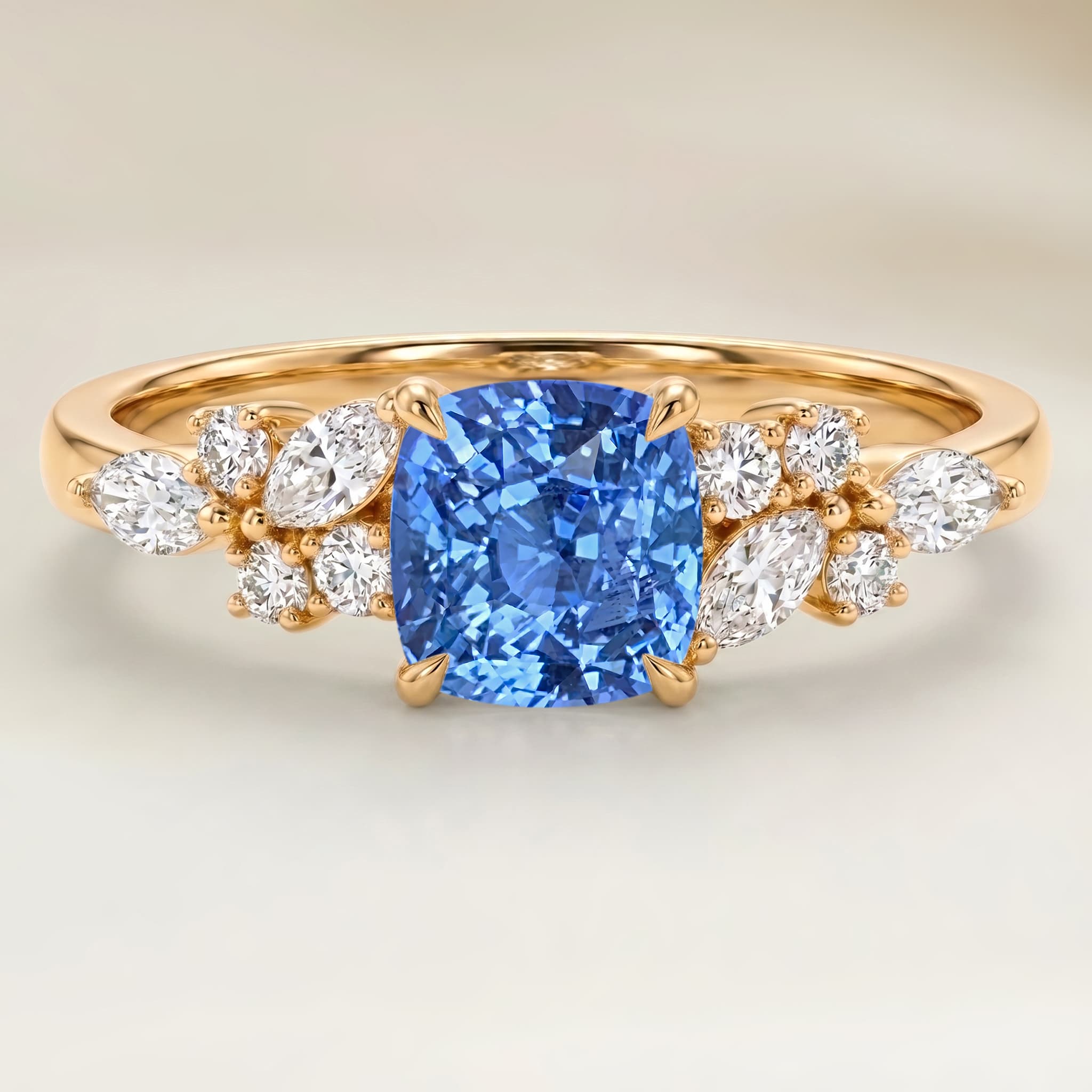 Anel Floral Safira Azul Cushion de 2,71ct