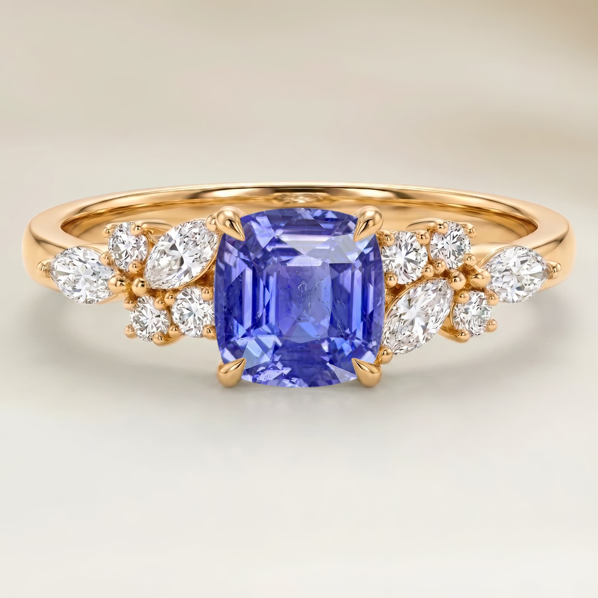 Anel Floral Safira Violeta Cushion de 1,54ct