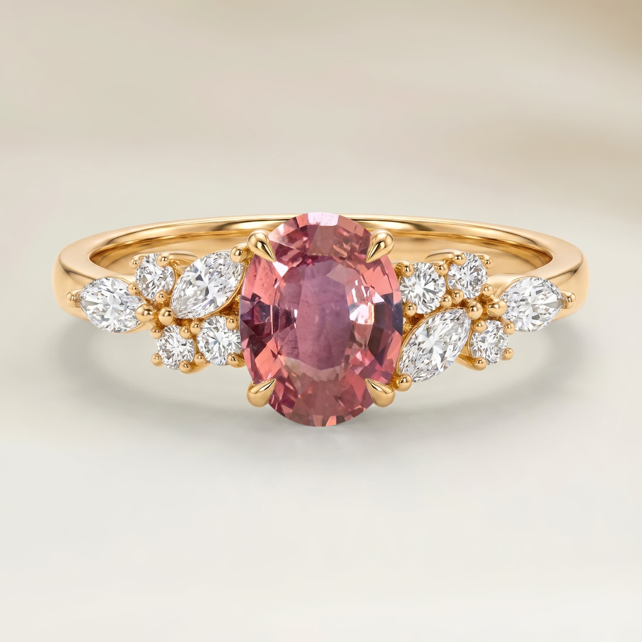 Anel Floral Safira Padparadscha Oval de 1,09ct