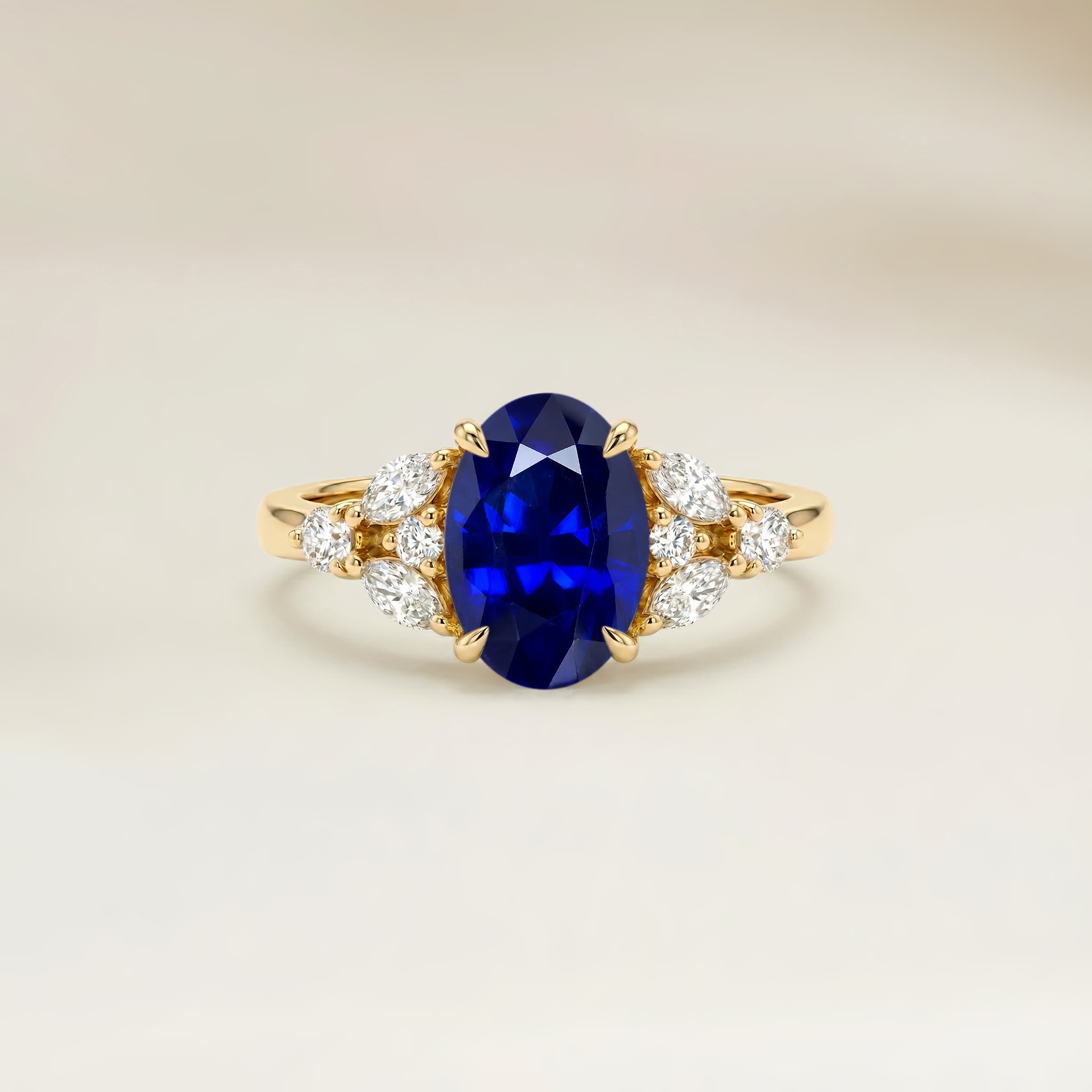Bague Floral Saphir Bleu Ovale de 1,69ct — Or Jaune 18k - vue principale