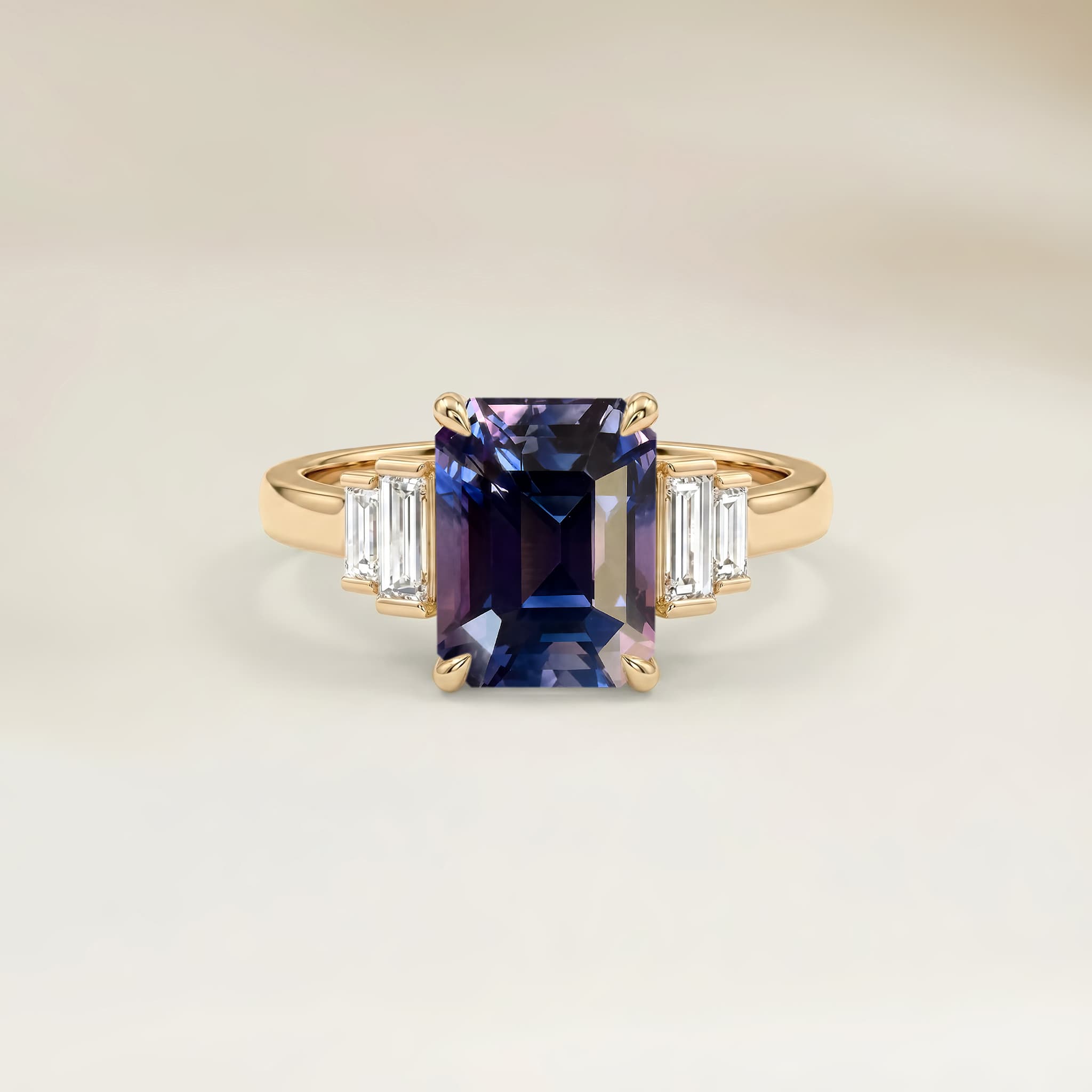 Bague Art Deco Saphir Bicolore Rectangle de 1,06ct — Or Jaune 18k - vue principale