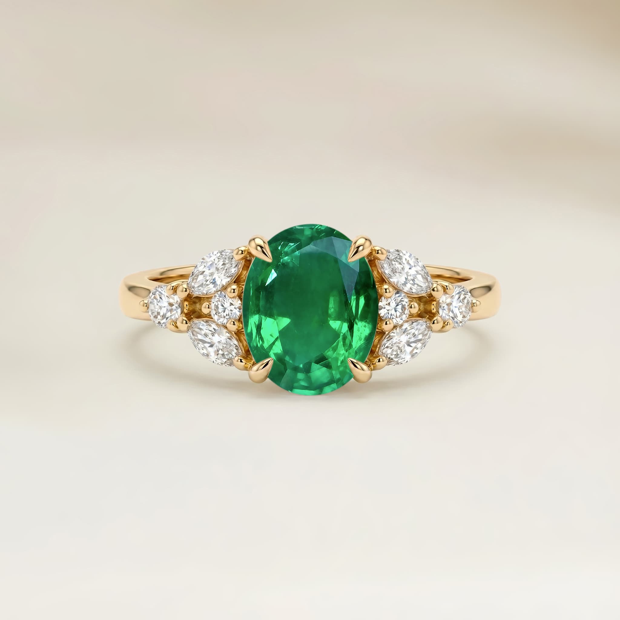 Bague Floral Emeraude de Zambie Ovale de 1,11ct — Or Jaune 18k - vue principale