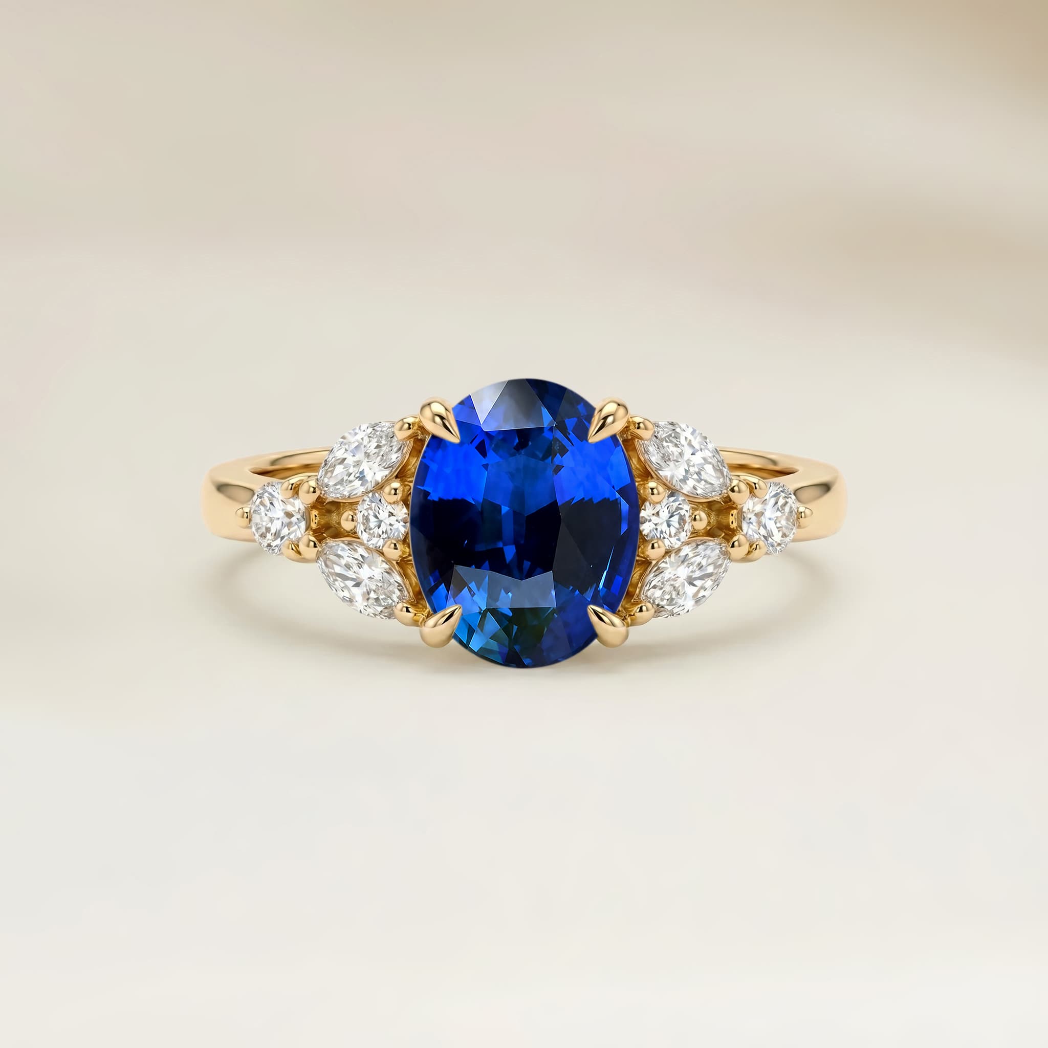 Bague Floral Saphir Bleu Ovale de 1,62ct — Or Jaune 18k - vue principale