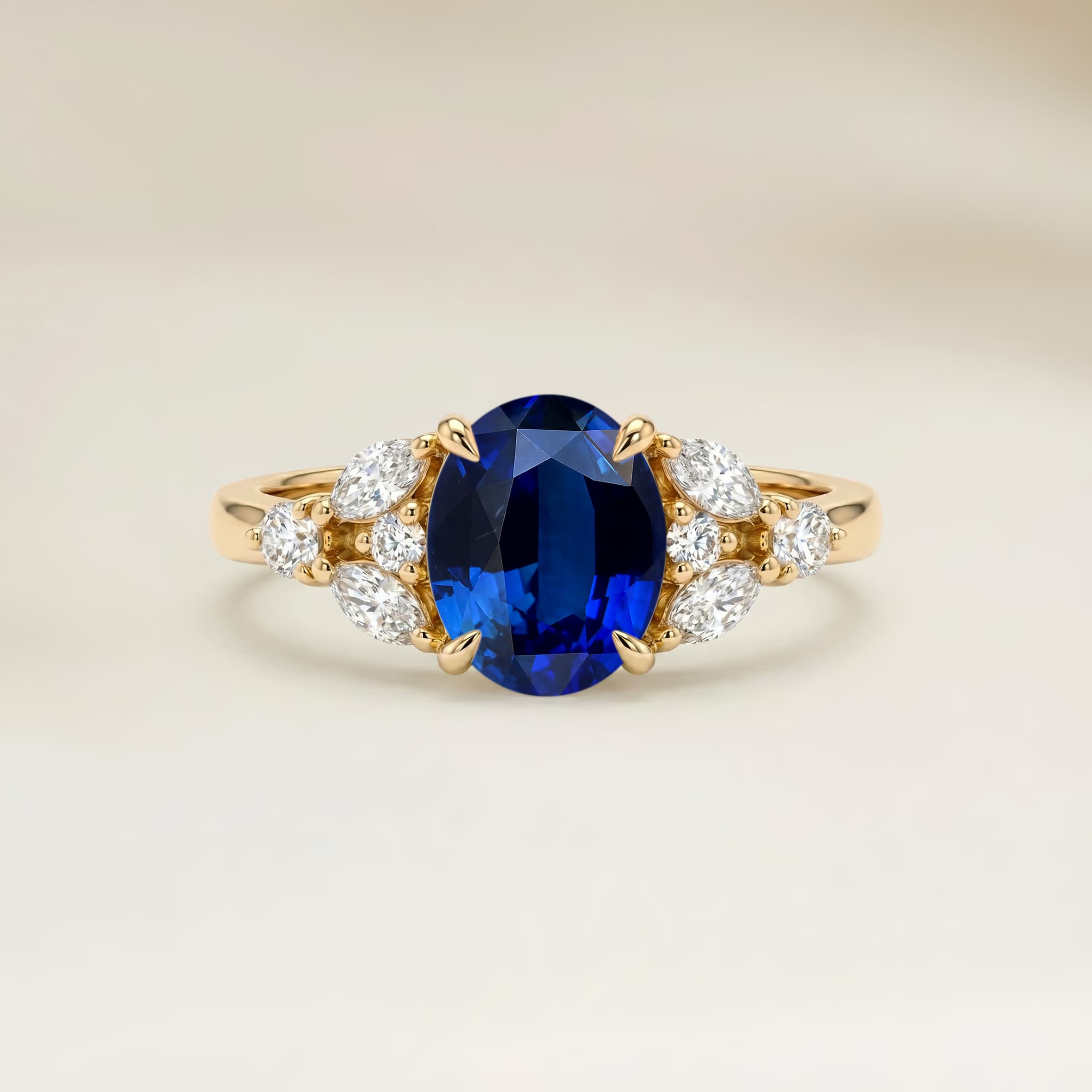 Bague Floral Saphir Bleu Ovale de 1,54ct — Or Jaune 18k - vue principale