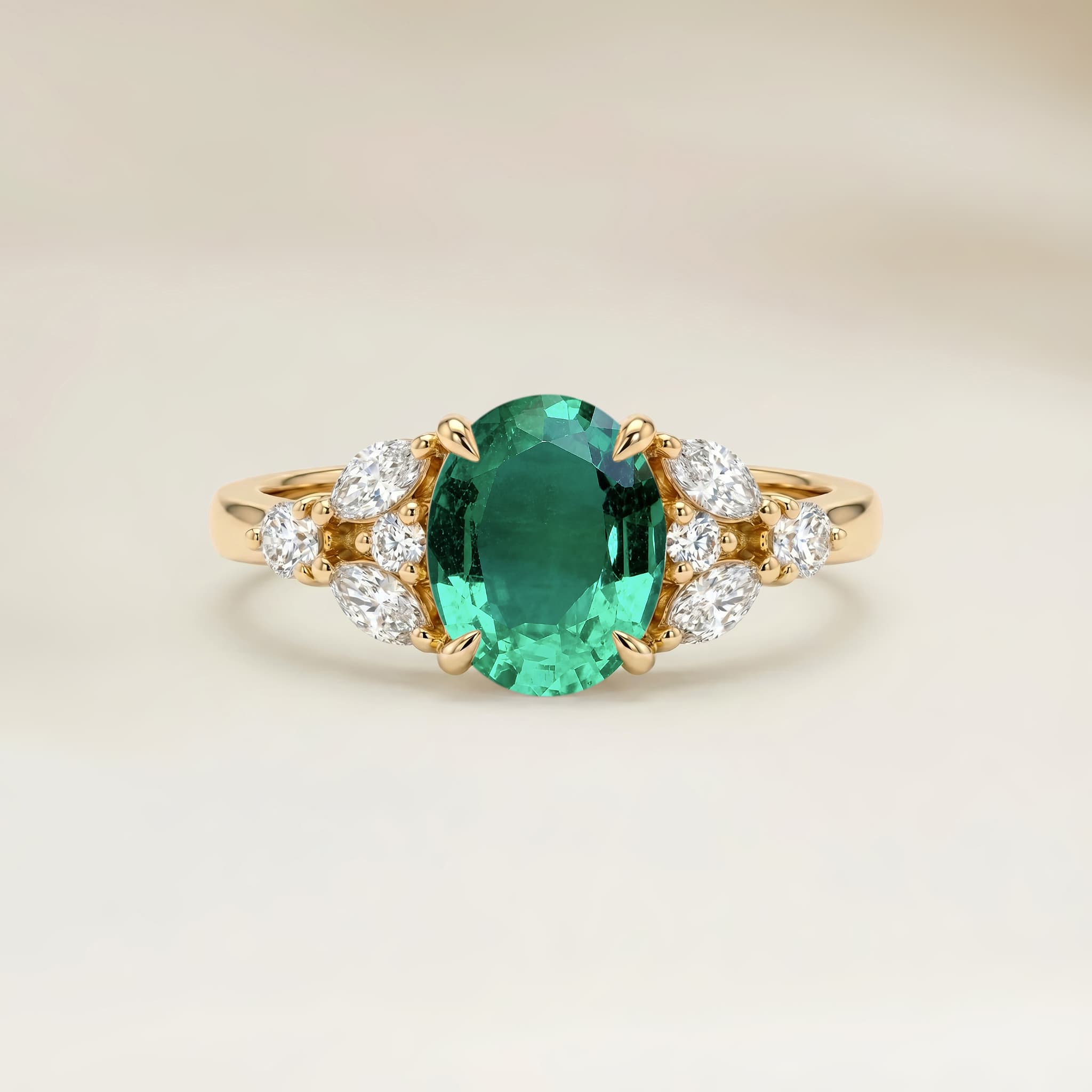 Bague Floral Emeraude de Zambie Ovale de 1,08ct — Or Jaune 18k - vue principale