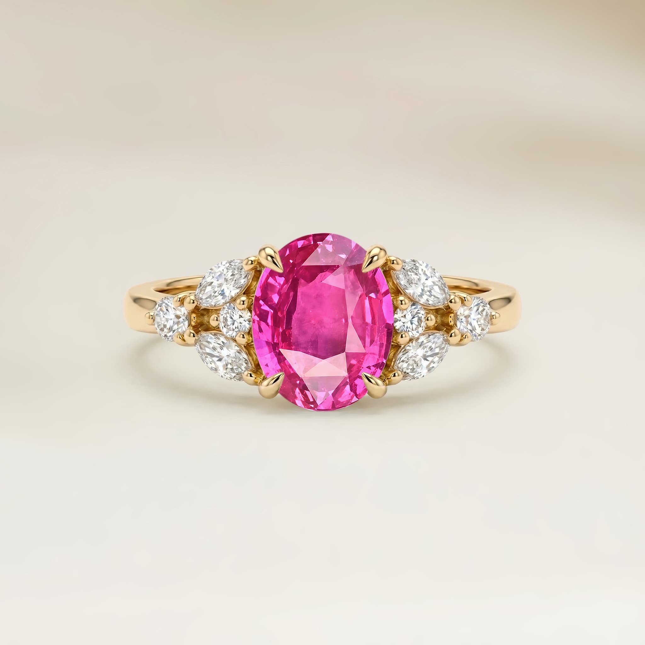 Bague Floral Saphir Rose Ovale de 1,02ct — Or Jaune 18k - vue principale