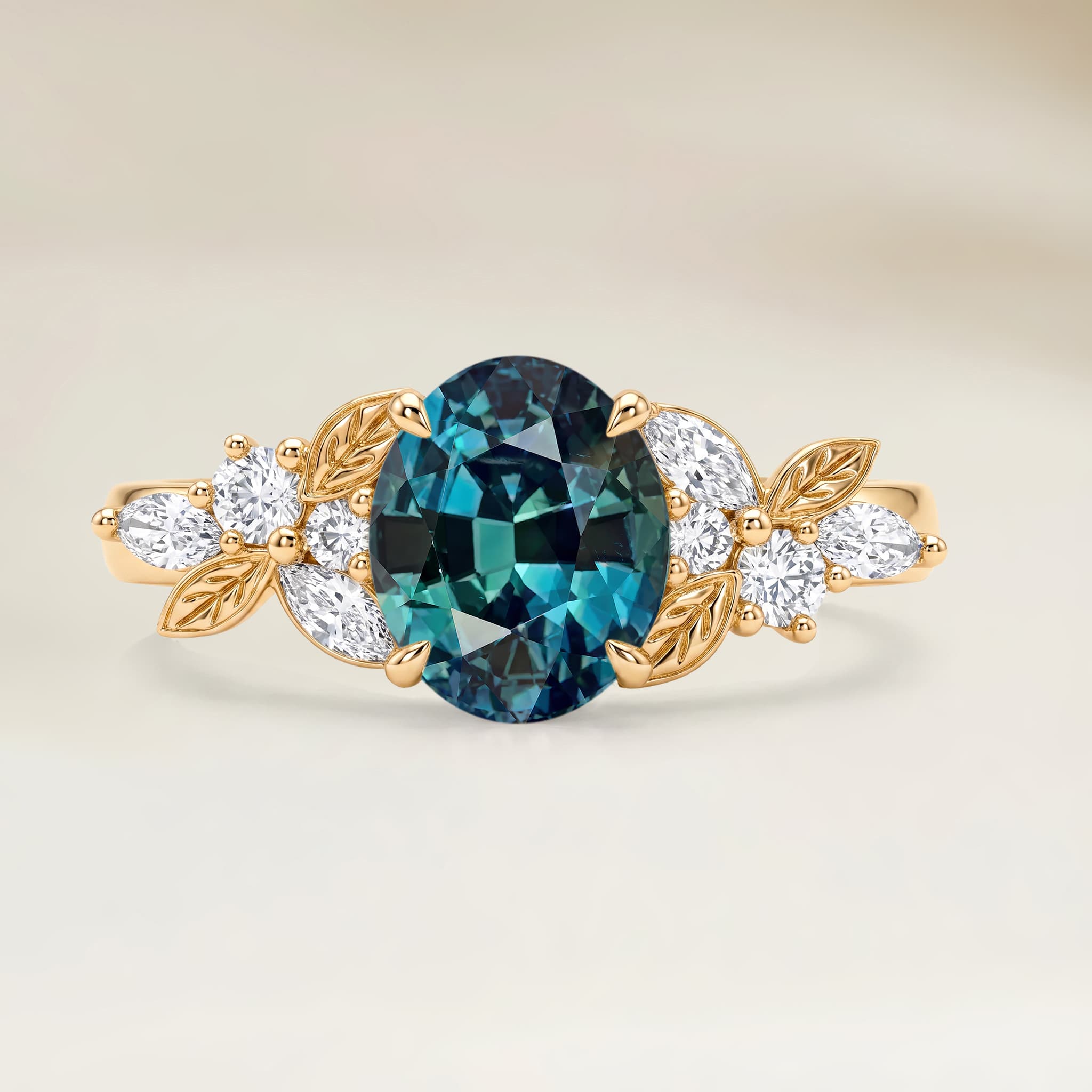 Bague Floral Saphir Teal Ovale de 1,67ct — Or Jaune 18k - vue principale