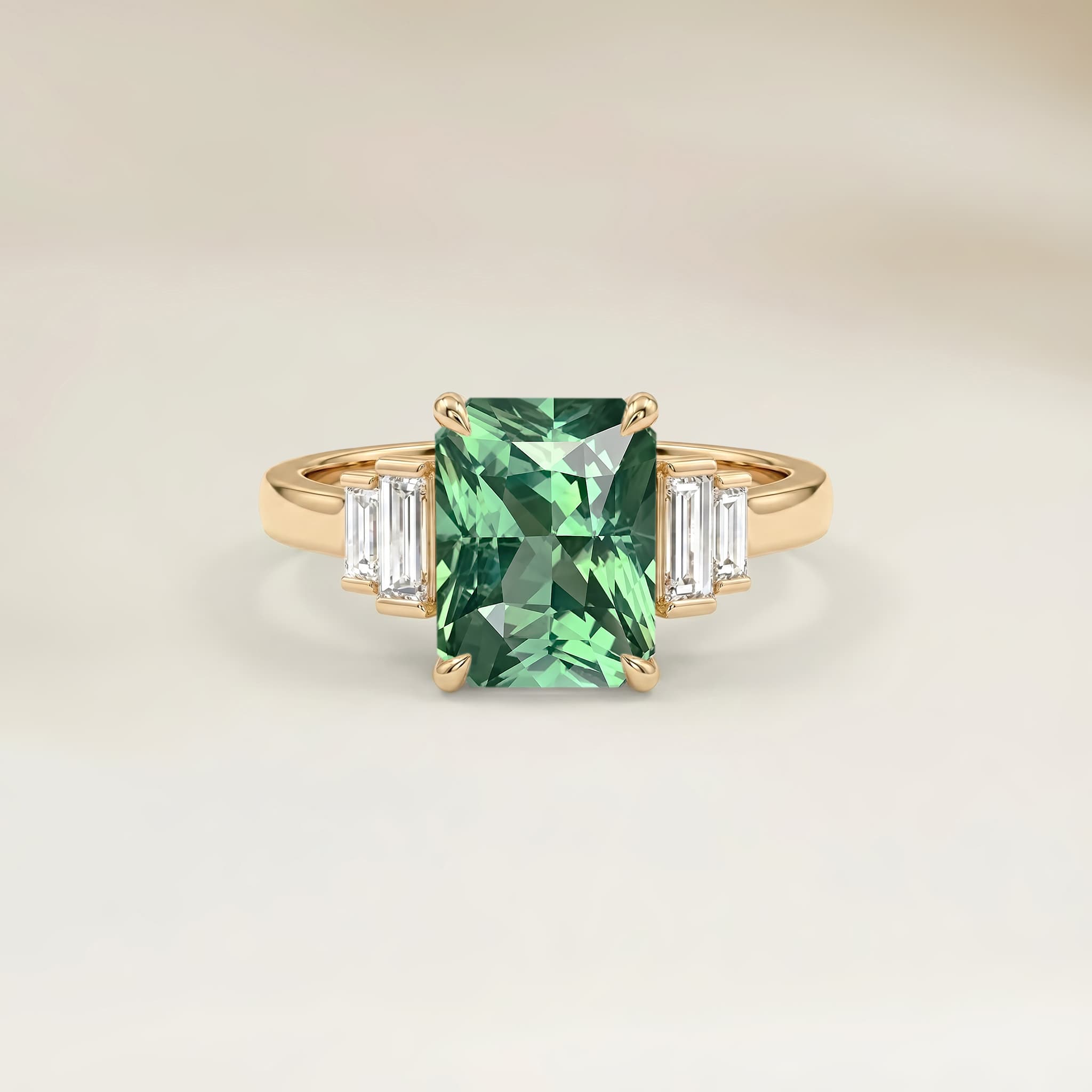Anel Art Déco Safira Verde Radiant de 2,57ct