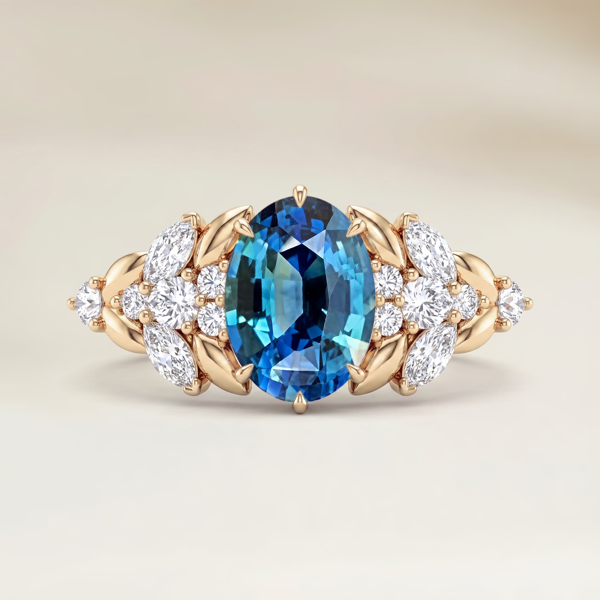 Floral Ring with Oval Teal Sapphire 2.04ct