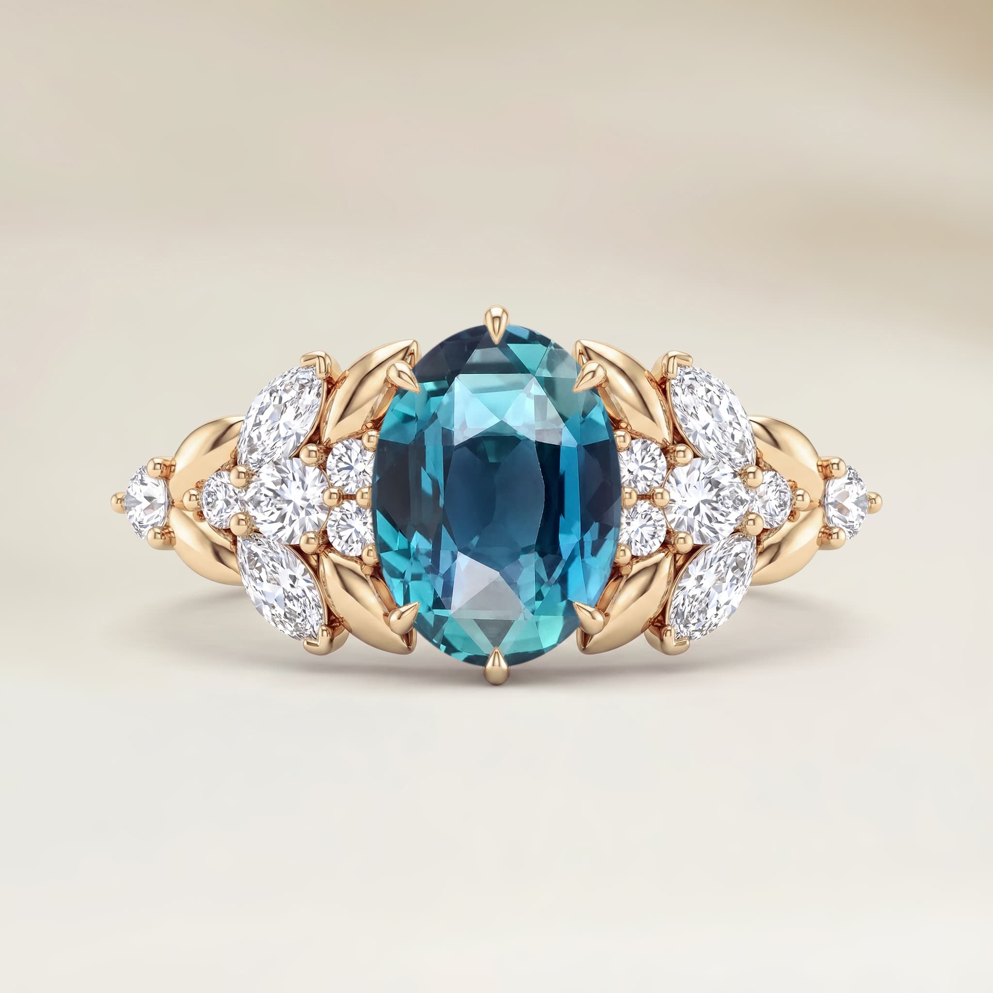 Floral Ring Natural Teal Sapphire Oval 2.01ct