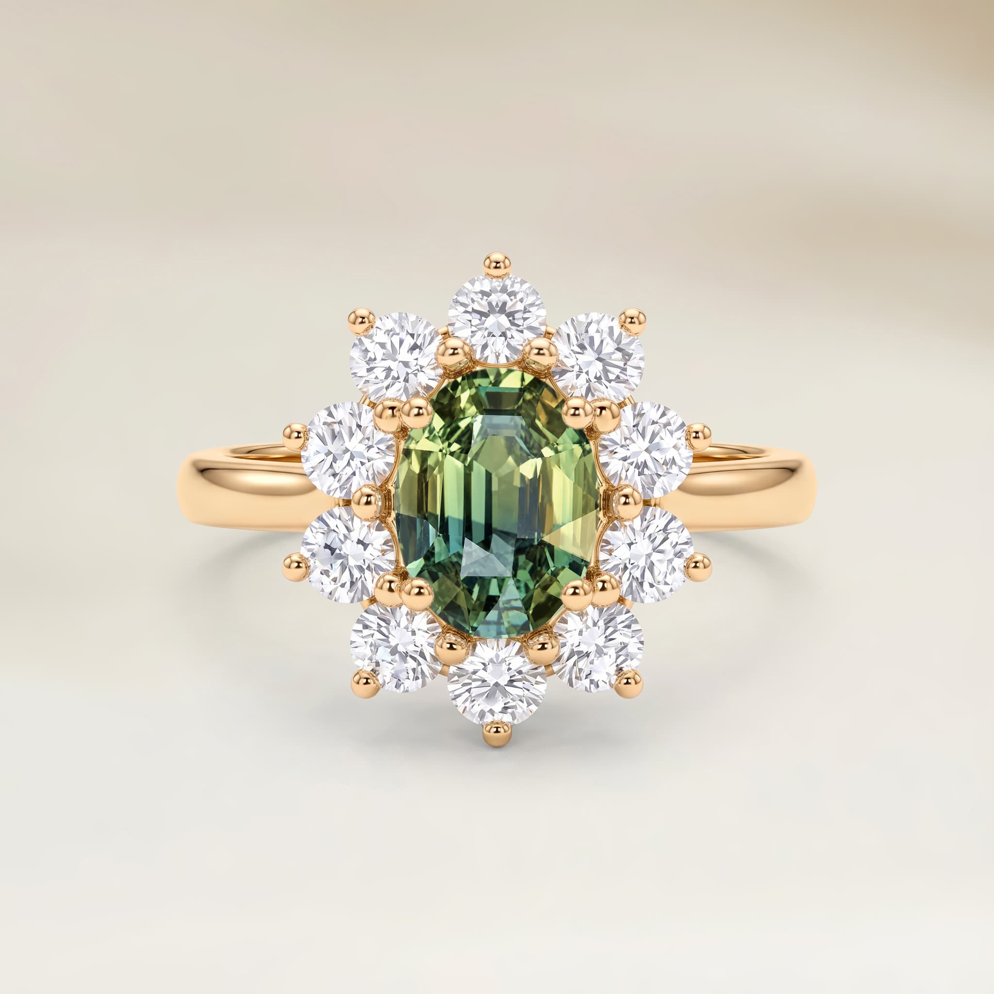 Bague Floral Saphir Vert Ovale de 1,52ct — Or Jaune 18k - vue principale