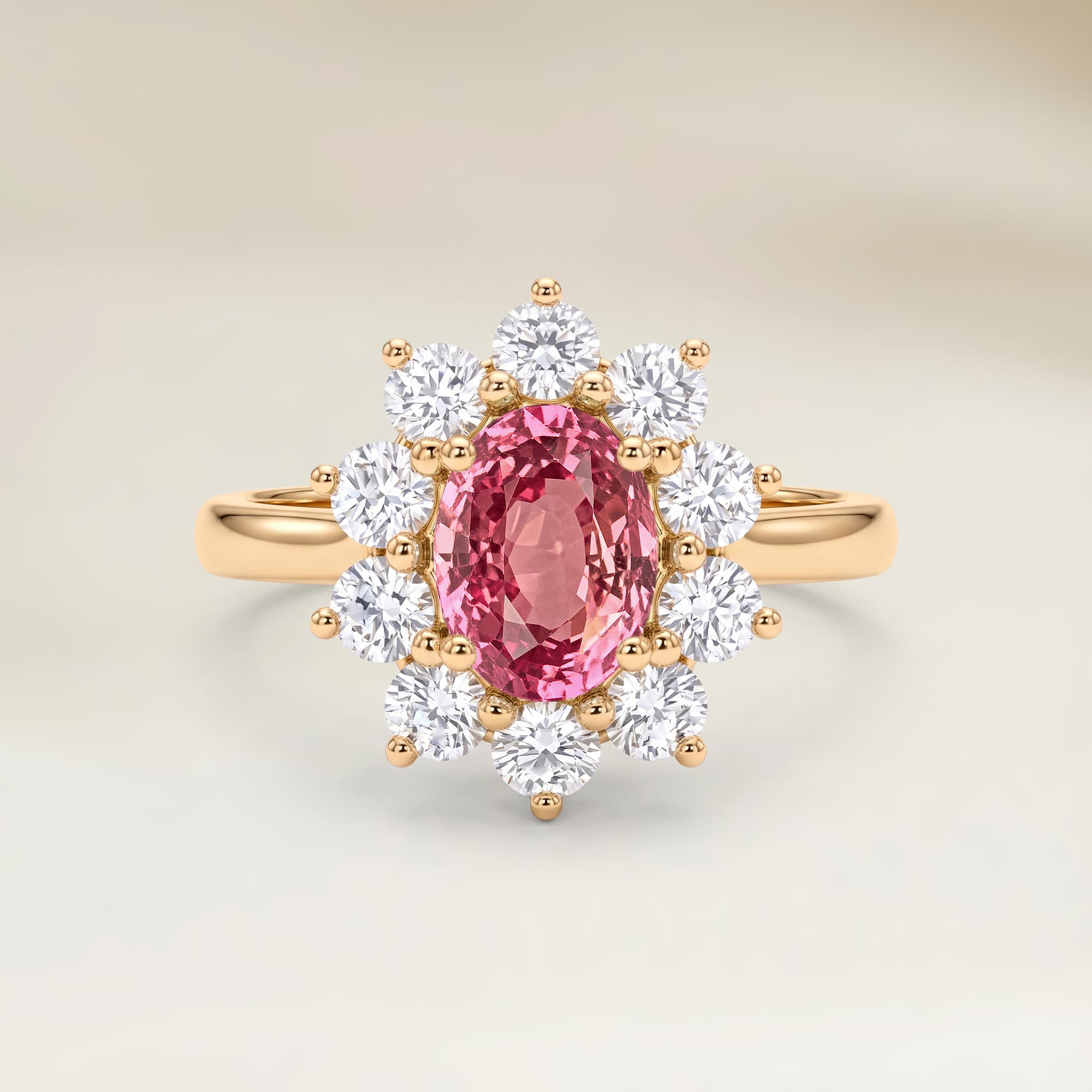 Bague Floral Saphir Padparadscha Ovale de 1,51ct — Or Jaune 18k - vue principale