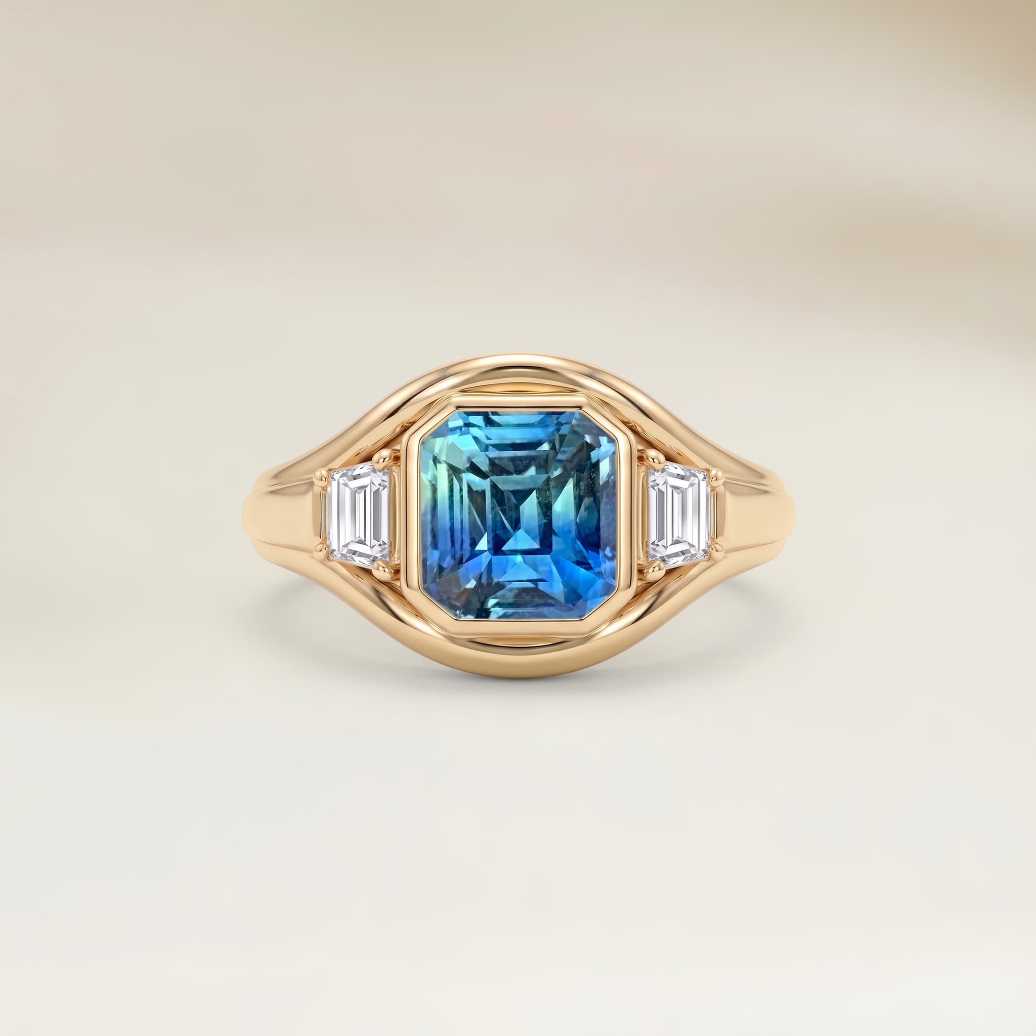 Bague Art Deco Saphir Teal de 1,12ct et diamants
